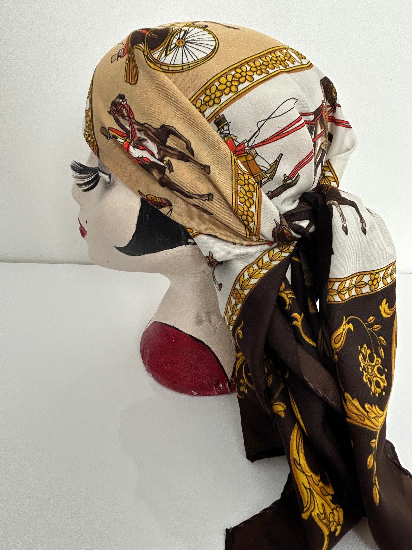 Vintage JS GERMAIN Brown Equestrian Regalia Horse & Carriage Print Scarf 80cm x 78cm