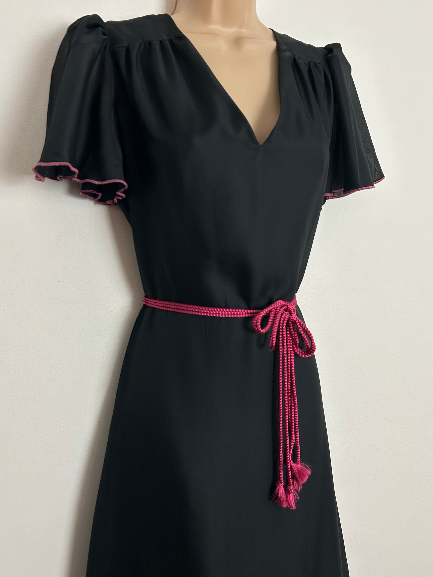 Vintage 1970s UK Size 8 Pretty Black Chiffon Short Sleeve Triple Belted Prairie Boho Maxi Dress