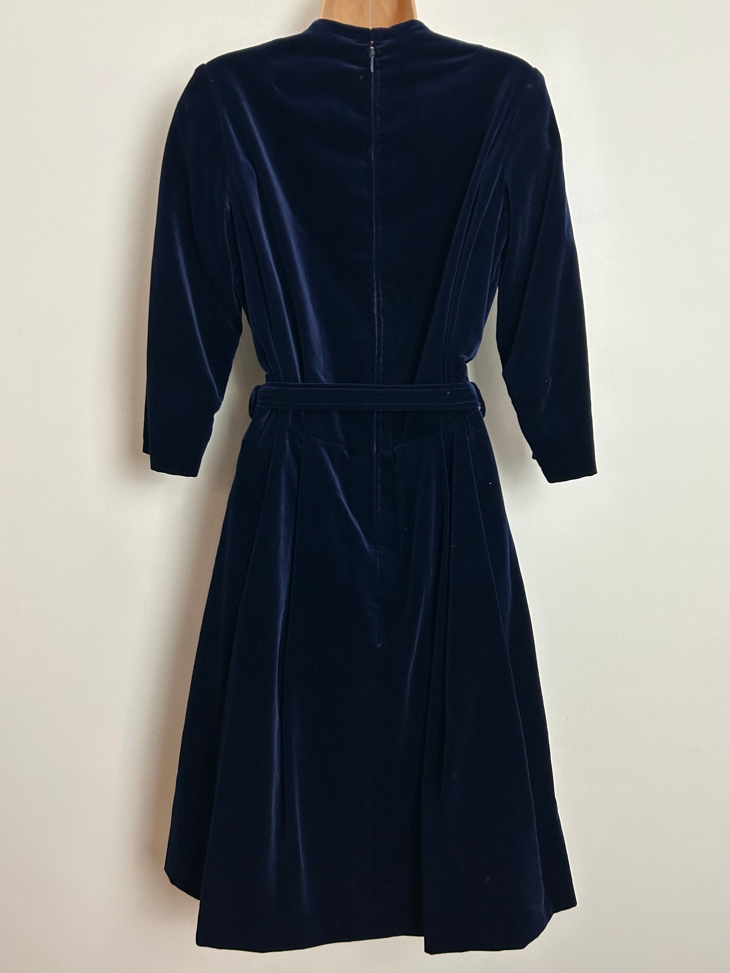 Vintage 1960s UK Size 10-12 Dark Midnight Blue Velvet Belted Pleated Dress
