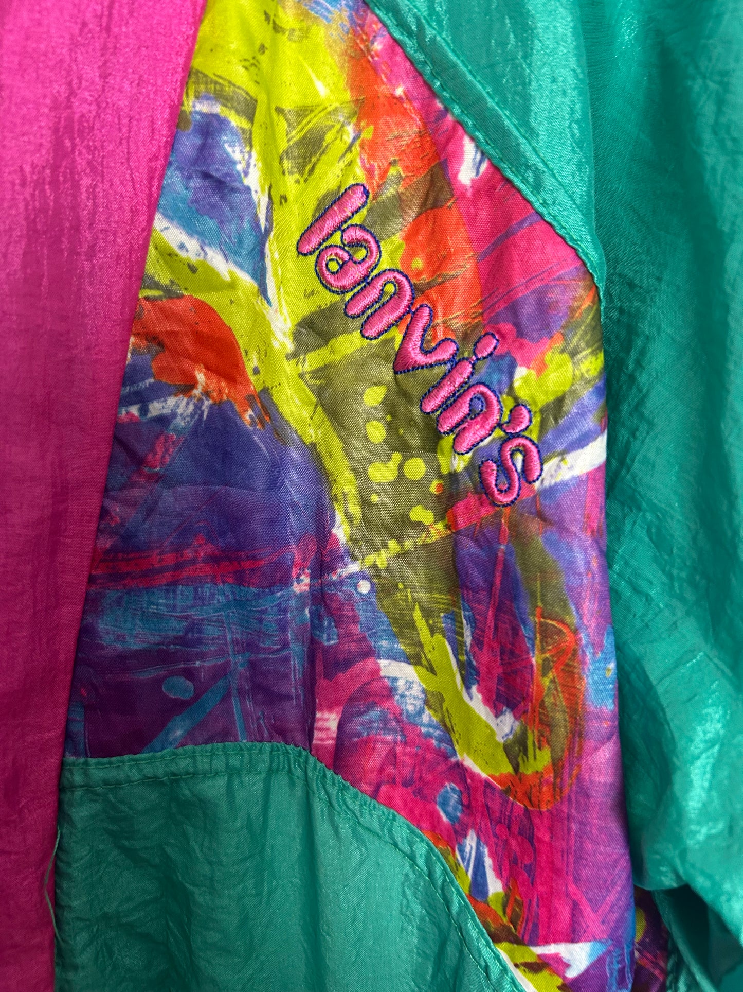 Vintage 1980s Up To Size 14/16 LANVIN'S Pink Green Blue Abstract Print Shell Suit Jacket