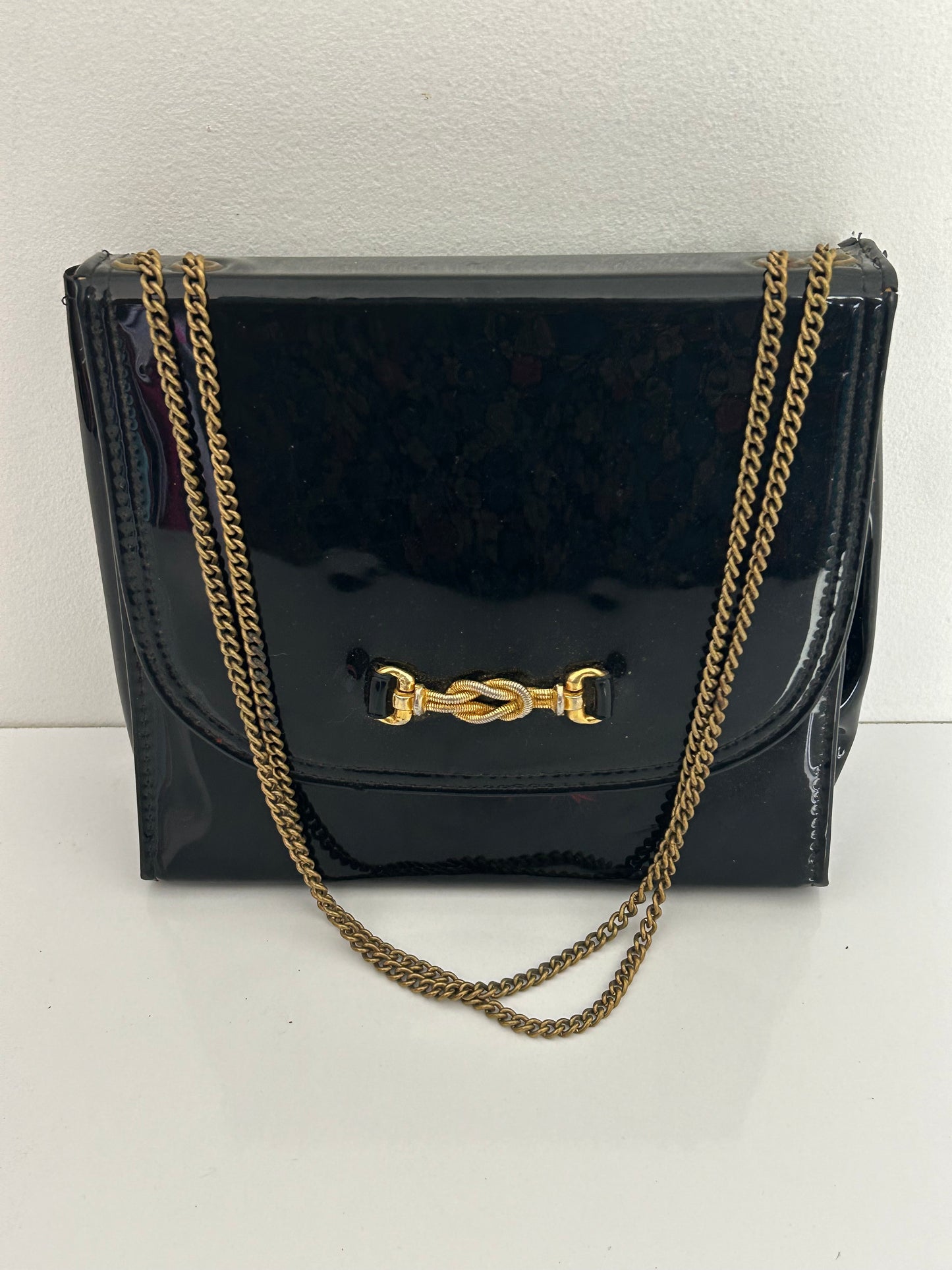 Vintage 1960s Black Patent Small Square Bag With Adjustable Chain Strap