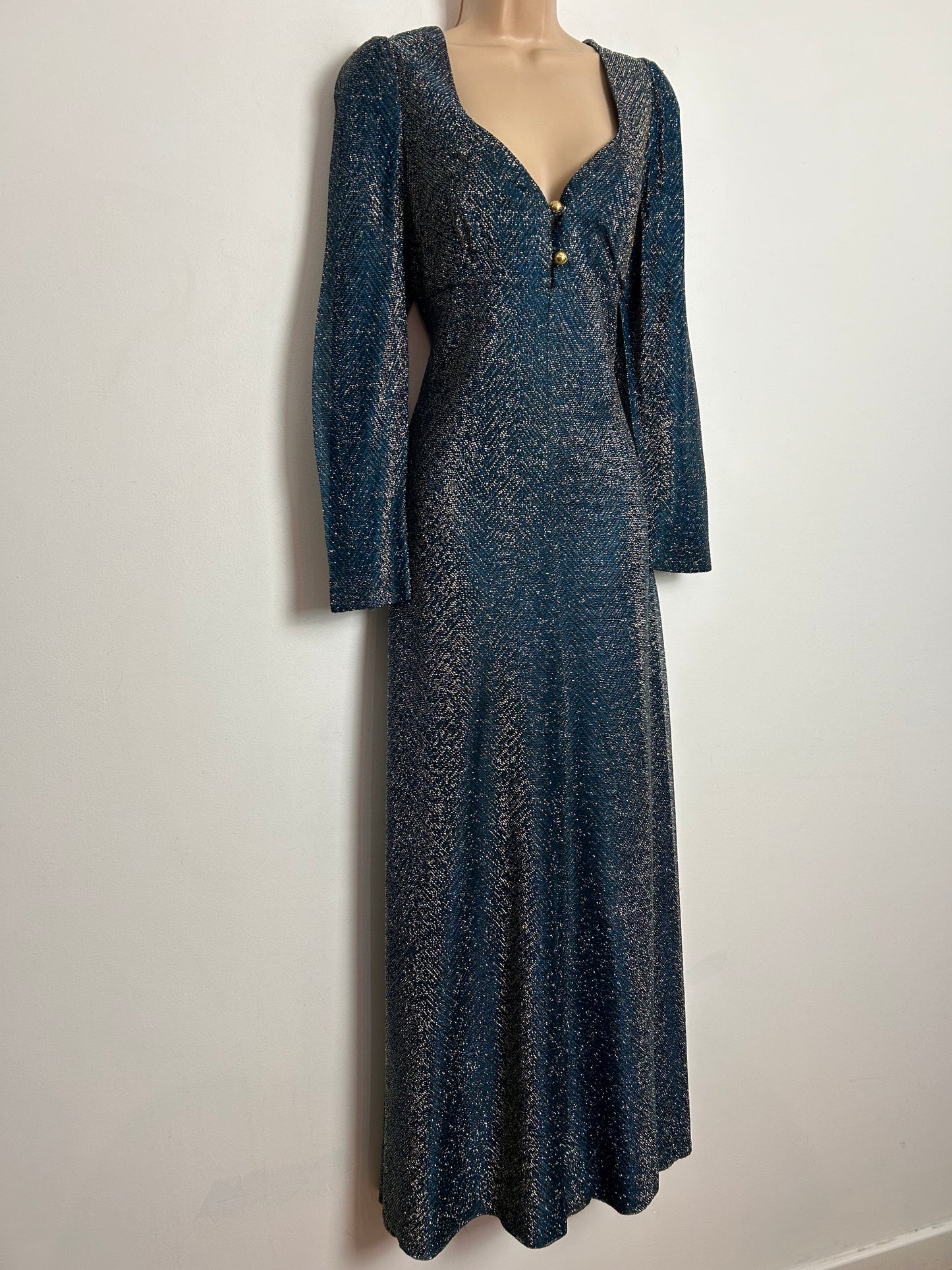 Vintage 1970s UK Size 12-14 Teal Black & Silver Lurex Long Sleeve Plunge Neck Occasion Maxi Dress