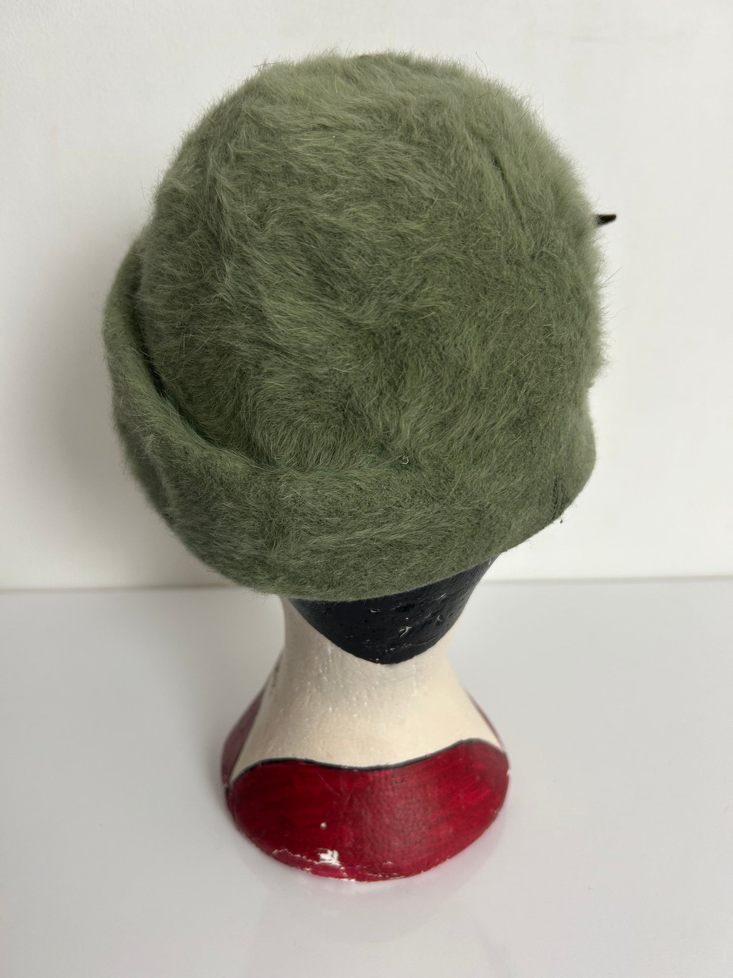 Vintage 1960s Green Angora Soft Touch Felt Floral Detail Cloche Style Hat