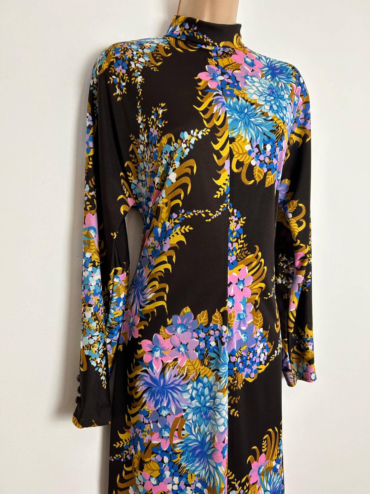Vintage 1970s VILEDA UK Size 8 Brown Blue & Pink Floral Print Roll Neck Long Sleeve Maxi Dress