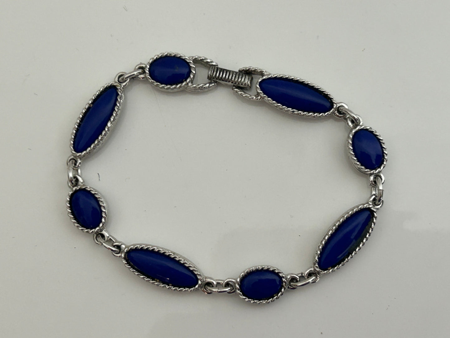 Vintage 1960s SARAH COVENTRY Silver Tone & Blue Cabochon Glass Stone Set Bracelet