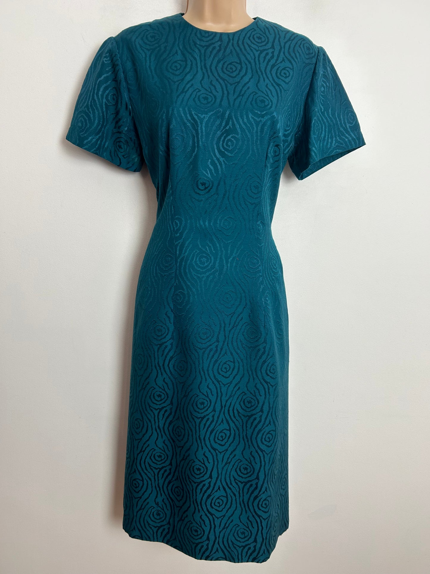 Vintage 1960s UK Size 12 Teal Metallic Abstract Pattern Short Sleeve Mod Shift Dress