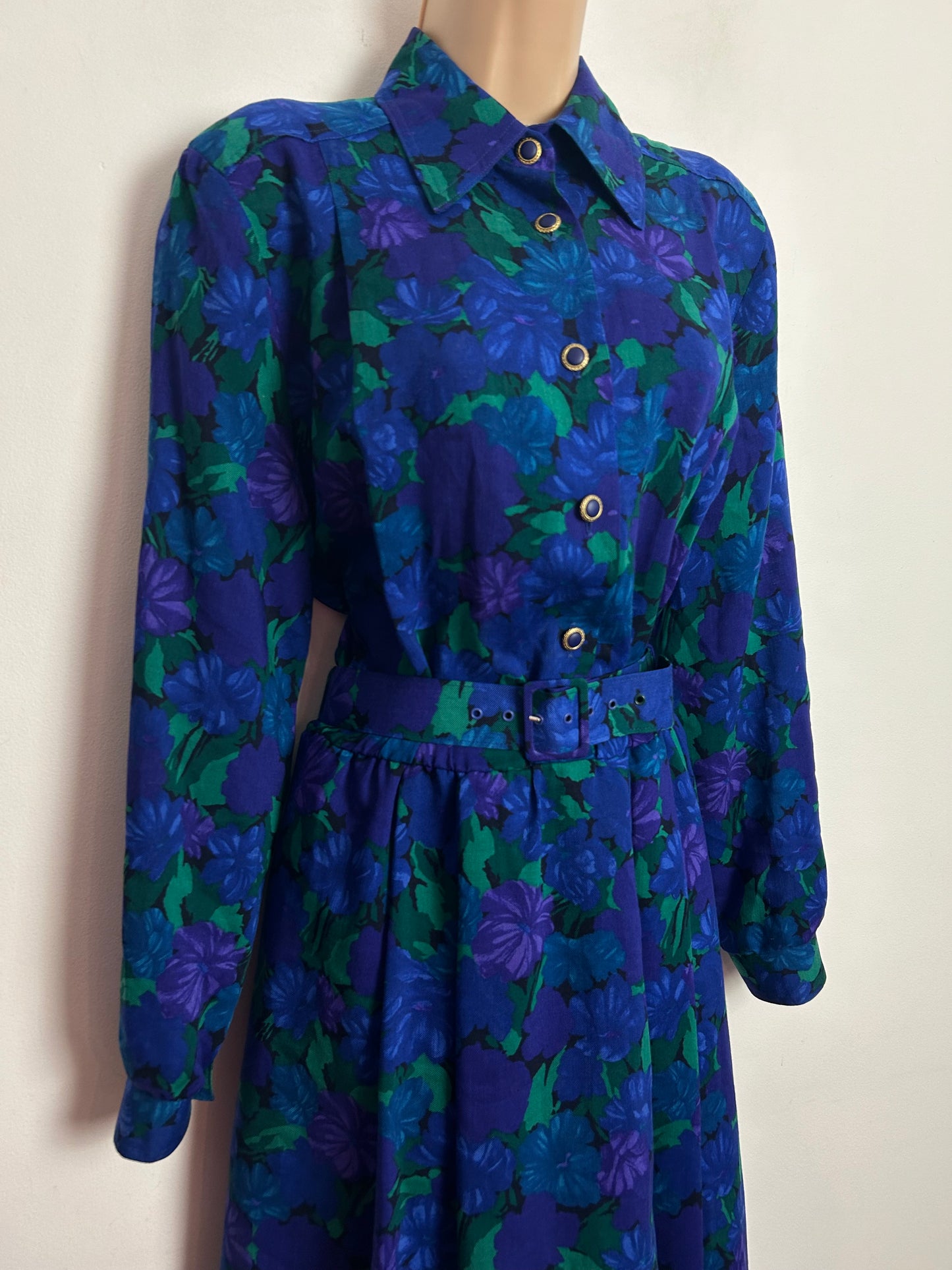 Vintage 1980s MARIAN DONALDSON UK Size 14 Blue Purple & Green Floral Print 100% Wool Belted Day Dress