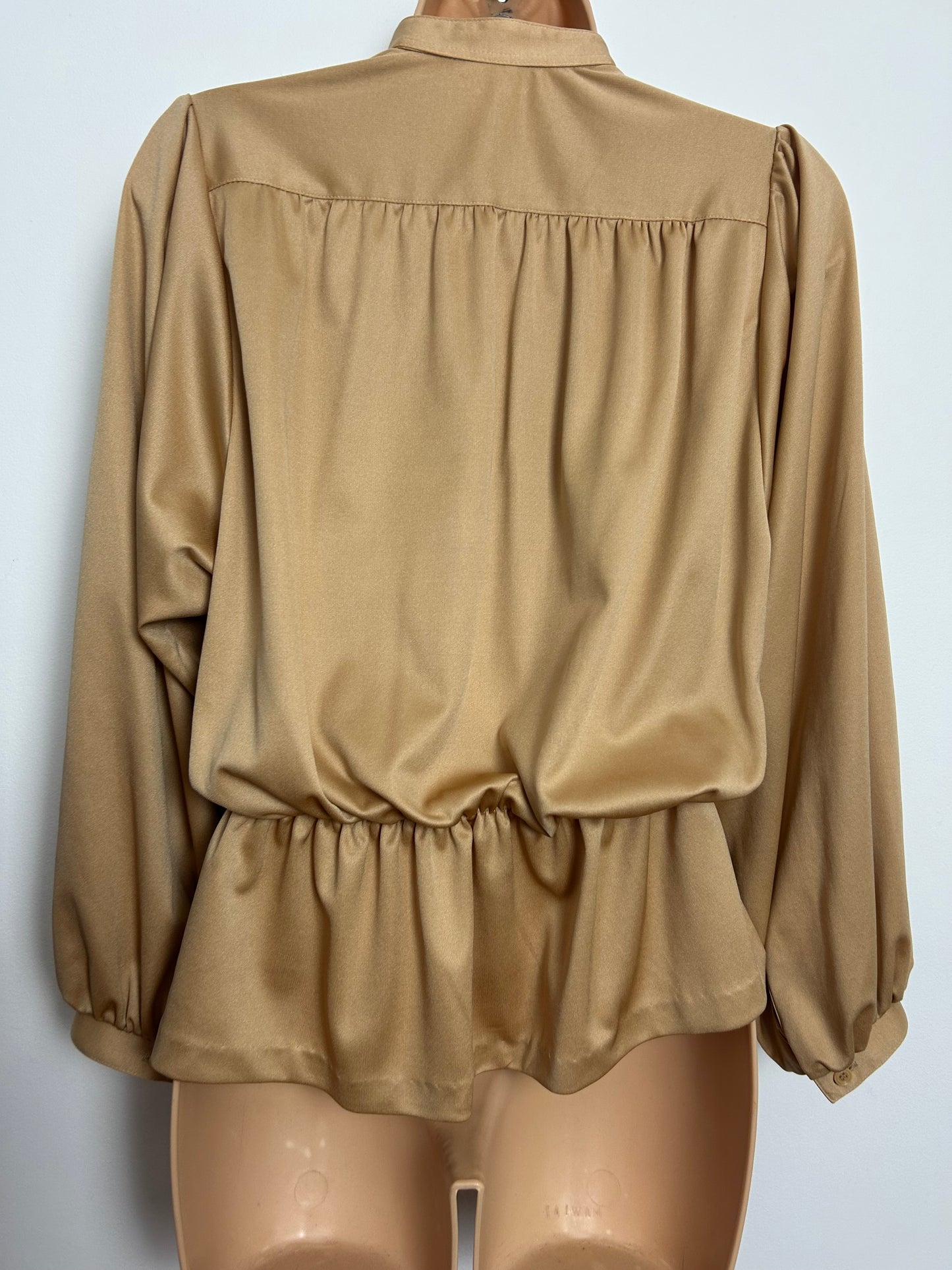 Vintage Early 1980s Size 12-14 Gold Long Sleeve Peplum Style Blouse