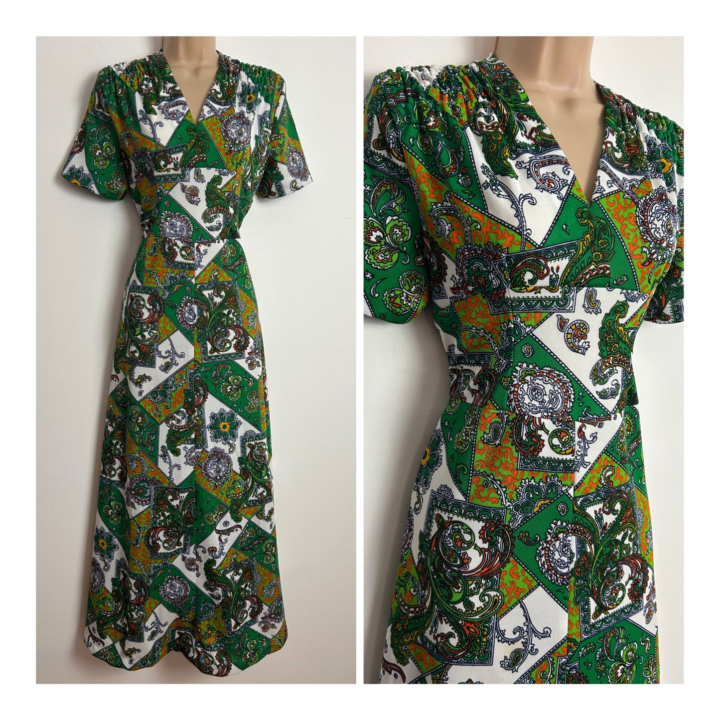 Vintage 1970s Size 10 Green White & Orange Nouveau Scarf Print Maxi Dress