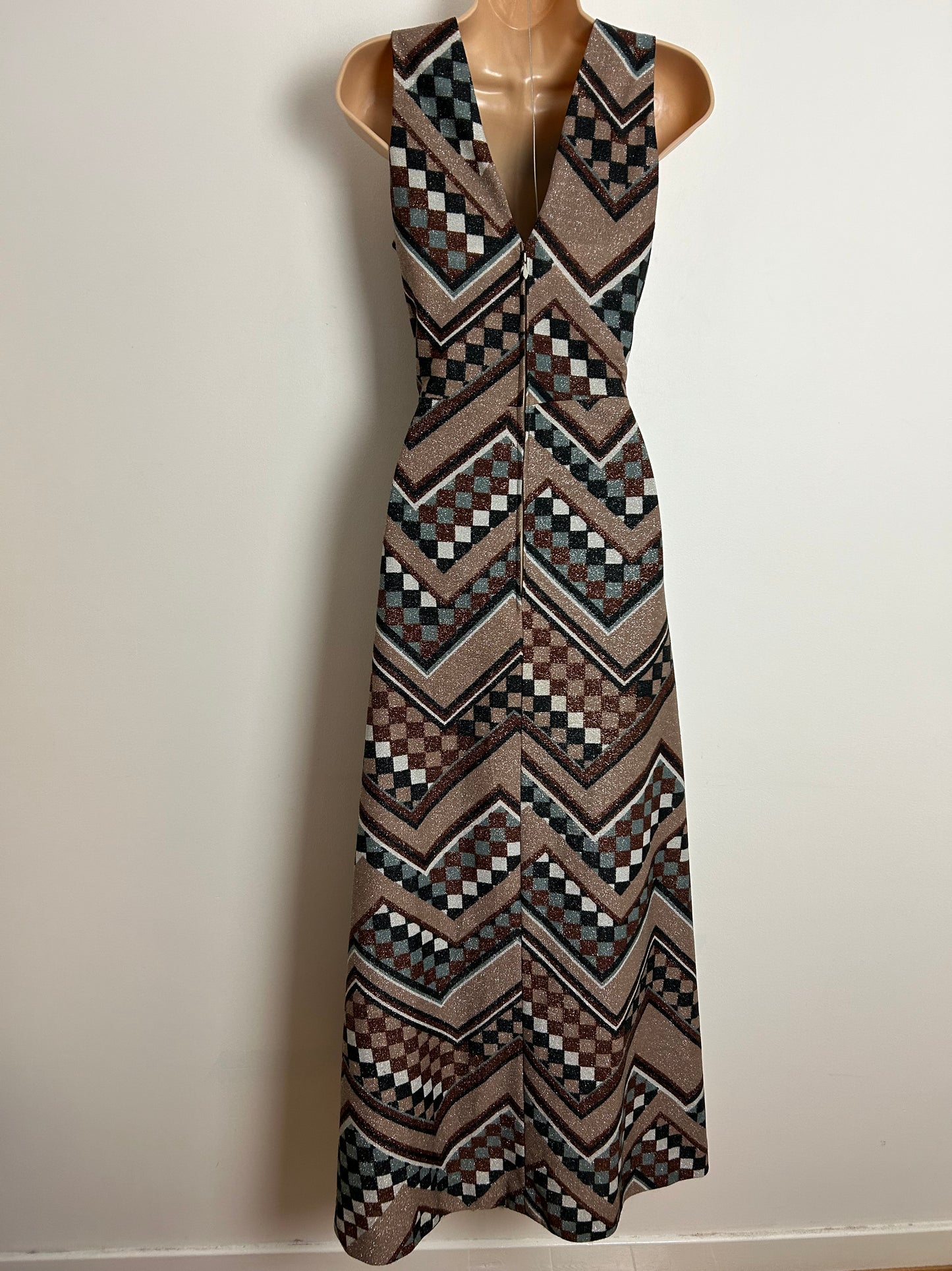 Vintage 70s UK Size 8 Brown Bronze Grey & Black Check Print Lurex Keyhole Occasion Evening Maxi Dress