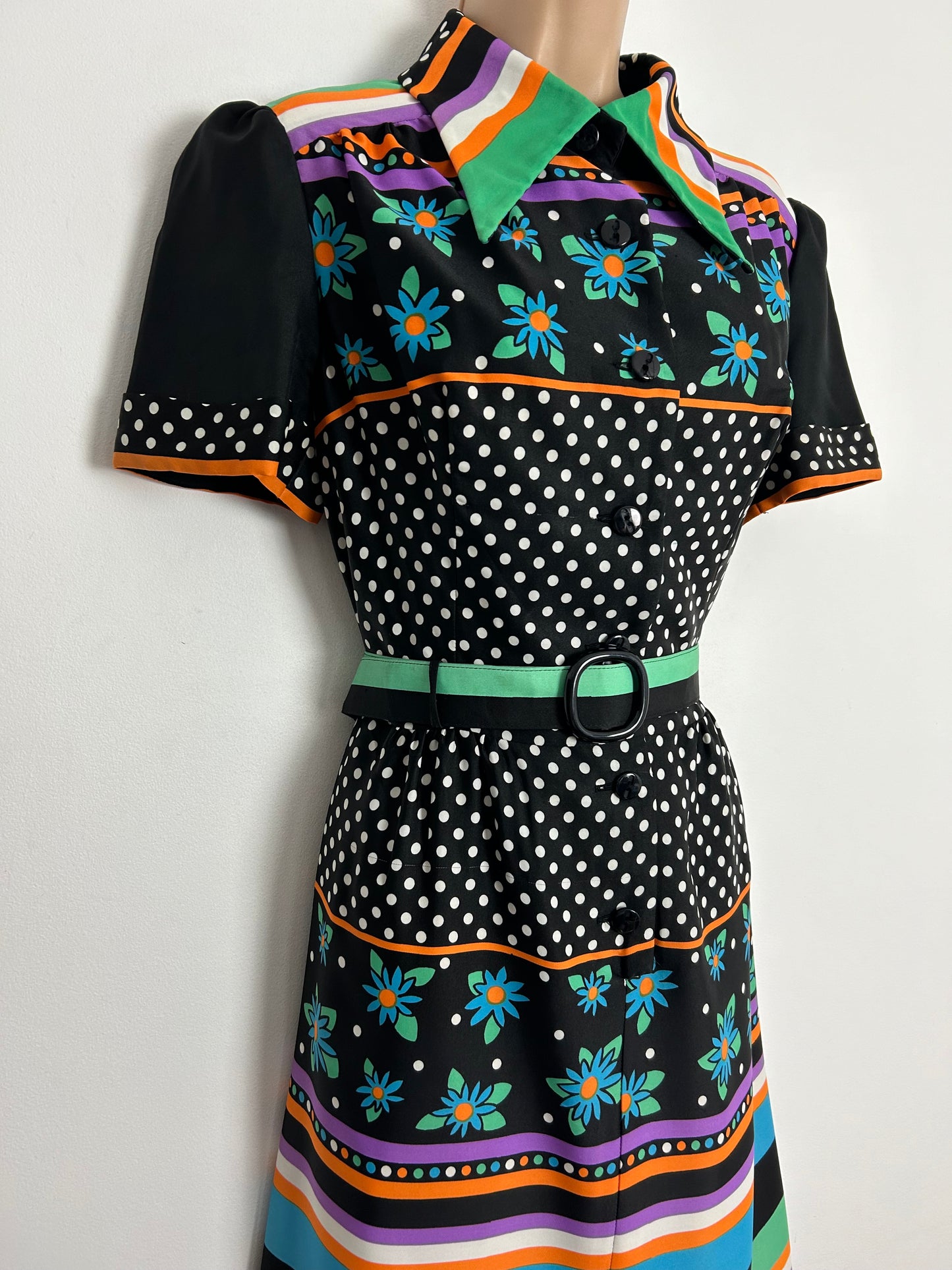 Vintage 1970s LADIES PRIDE UK Size 12-14 Black Green White Orange & Purple Stripe Floral & Polka Dot Print Belted Maxi Dress