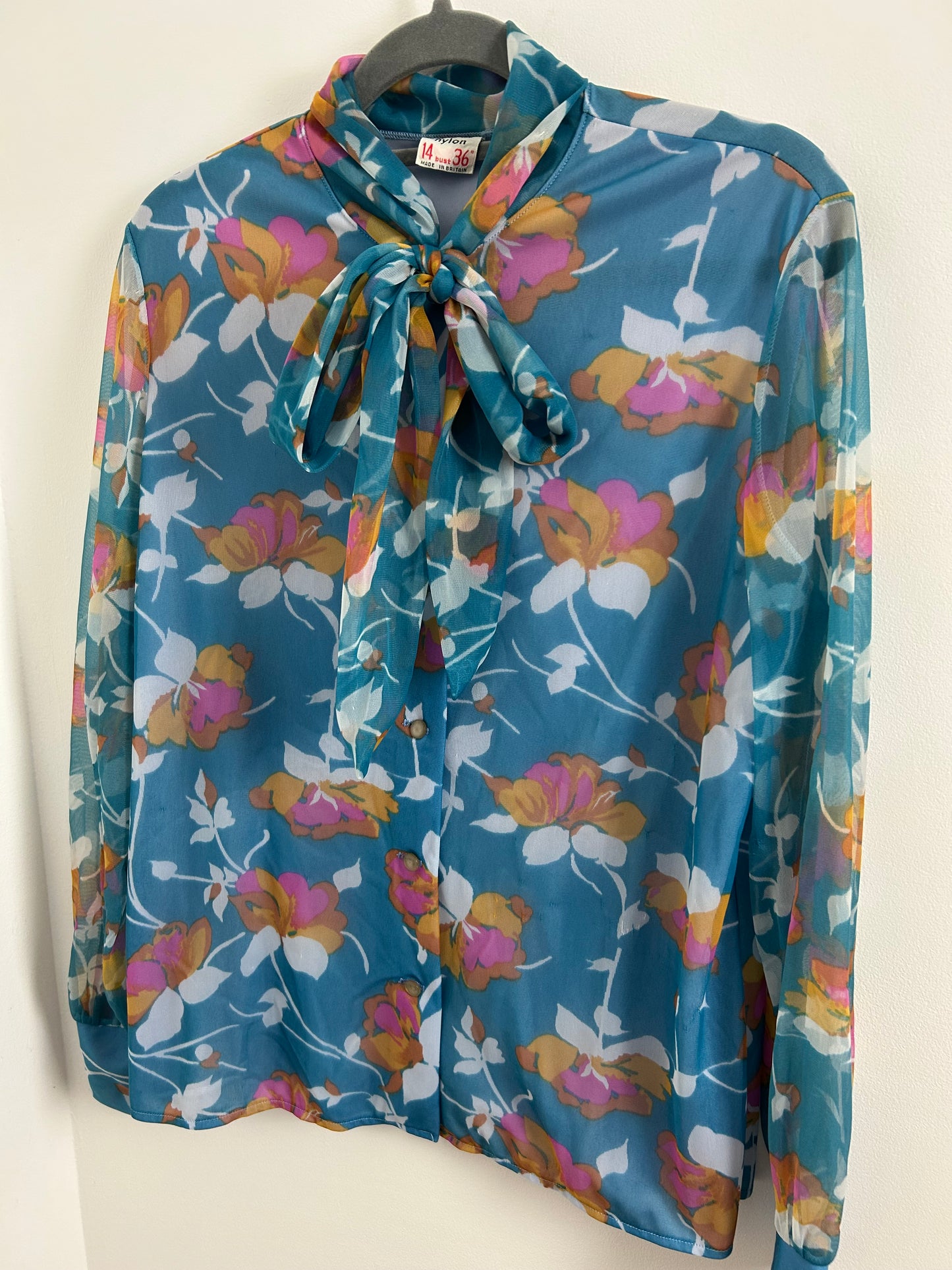 Vintage 1960s 1970s ST MICHAEL Size 12-14 Blue Orange & Pink Floral Nylon Pussy Bow Long Sleeve Shirt