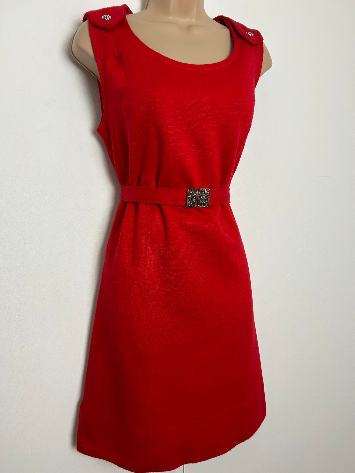 Vintage 1960s Size 12 Red Wool Jersey Sleeveless Belted Mod Dress