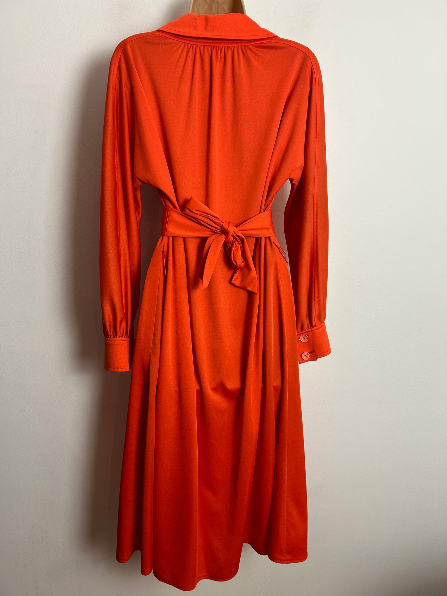 Vintage 1970s WIBOR UK Size 14 Tangerine Orange Long Sleeve Belted Day Dress