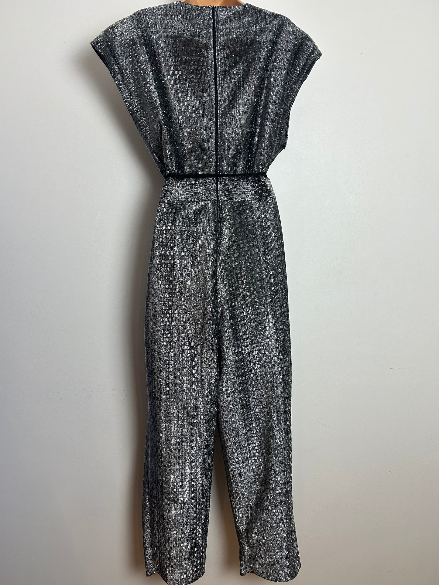 Vintage 1980s Size 14 Silver Metallic Silver Lurex Lace Panel Belted Xmas Party Evening Disco Jumpsuit
