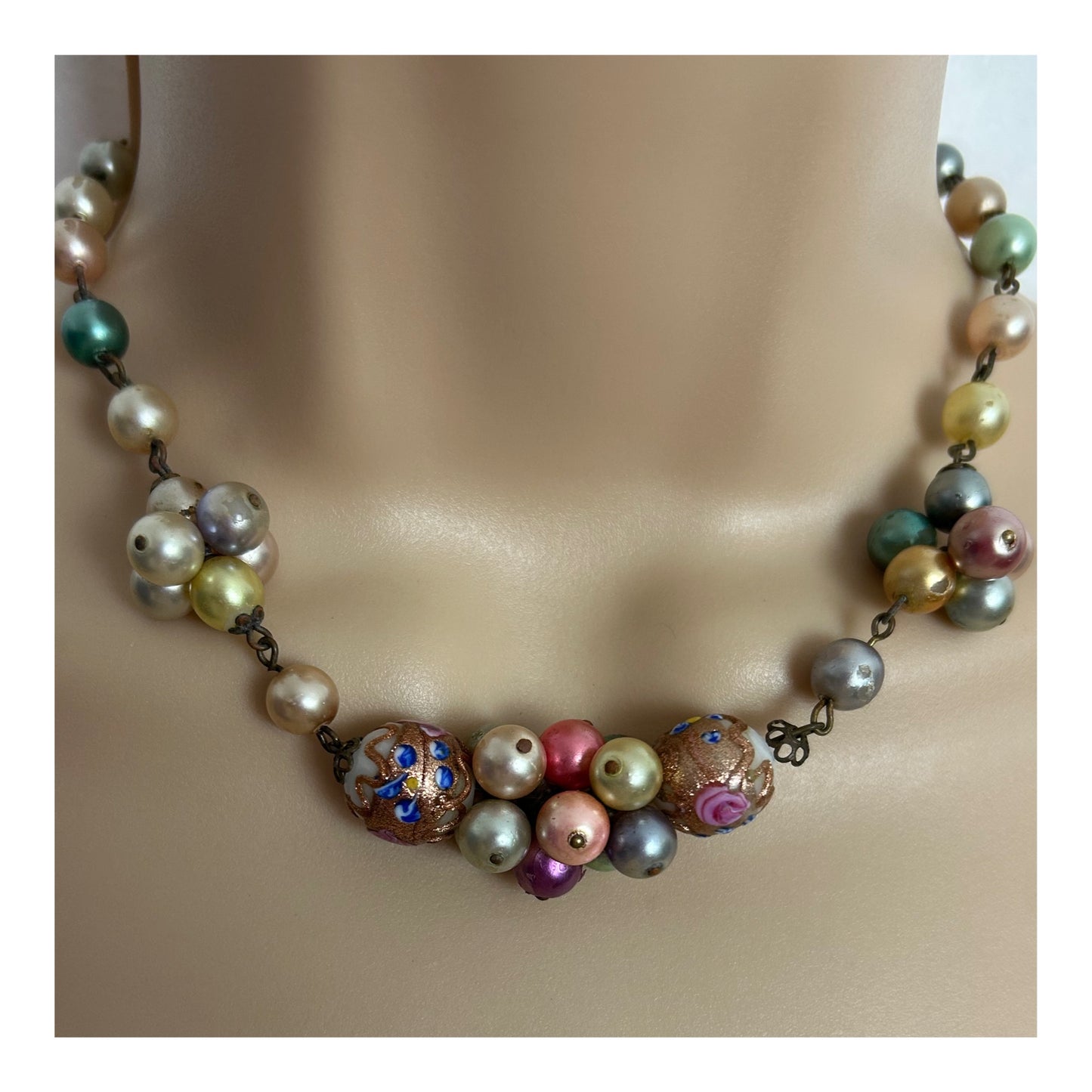 Vintage Venetian Murano Pink Blue & White Coated Glass Wedding Cake Lamp Work Beaded Necklace