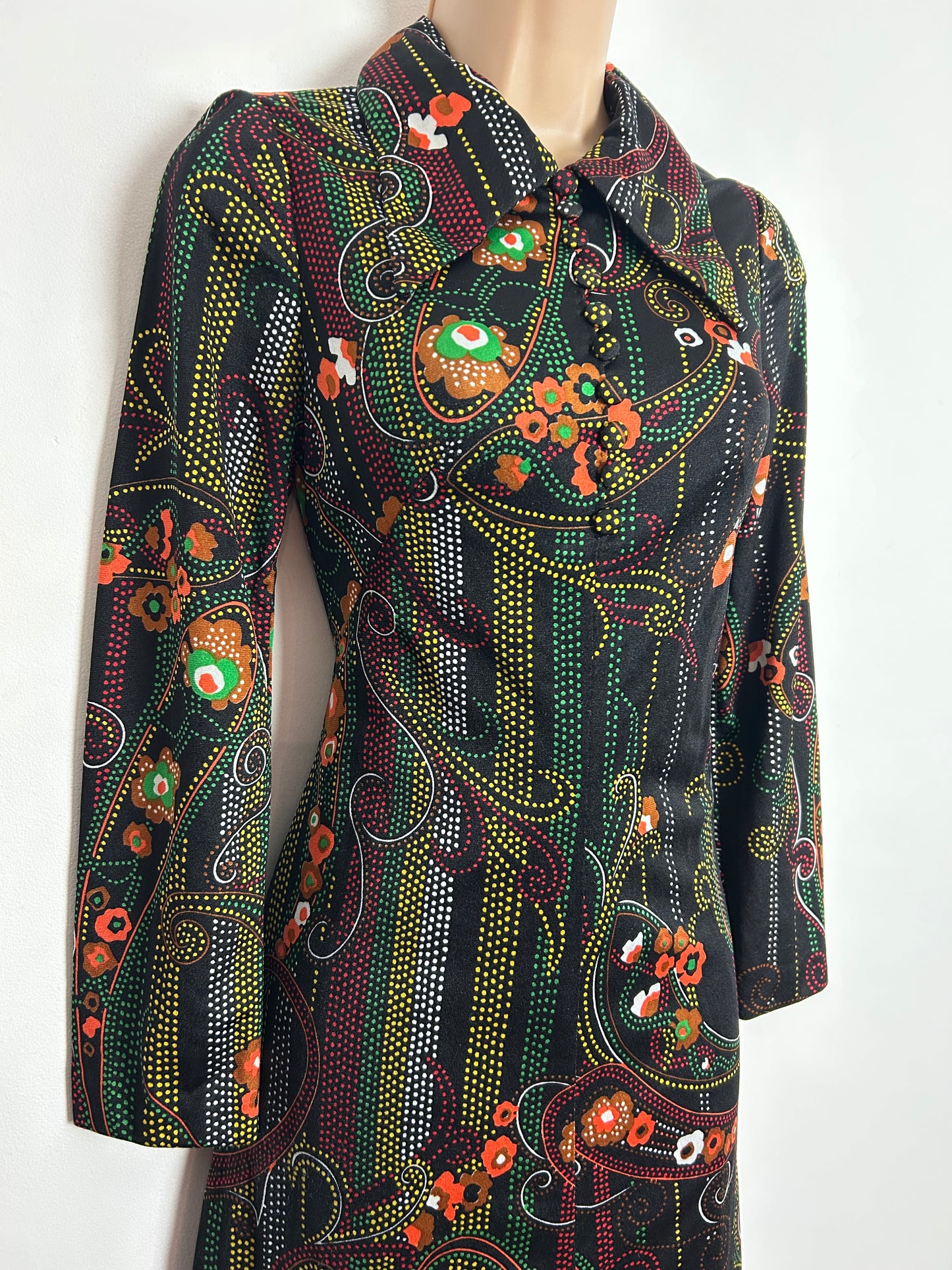 Vintage 1970's UK Size 6-8 Black Orange Brown Green & Yellow Floral & Spot Print Long Sleeve Maxi Dress