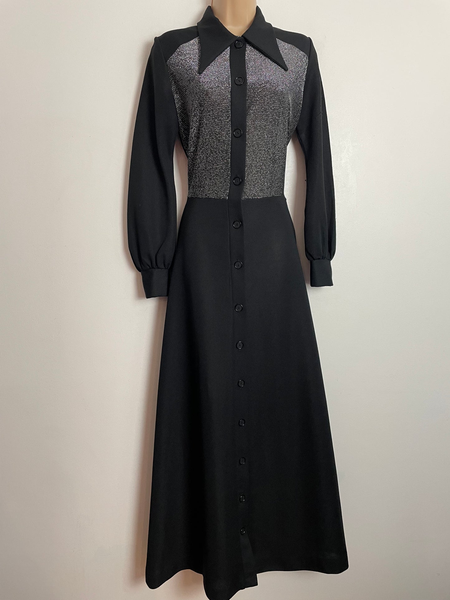 Vintage 1970s UK Size 10 Black & Silver Lurex Bodice Dagger Collar Long Sleeve Maxi Dress