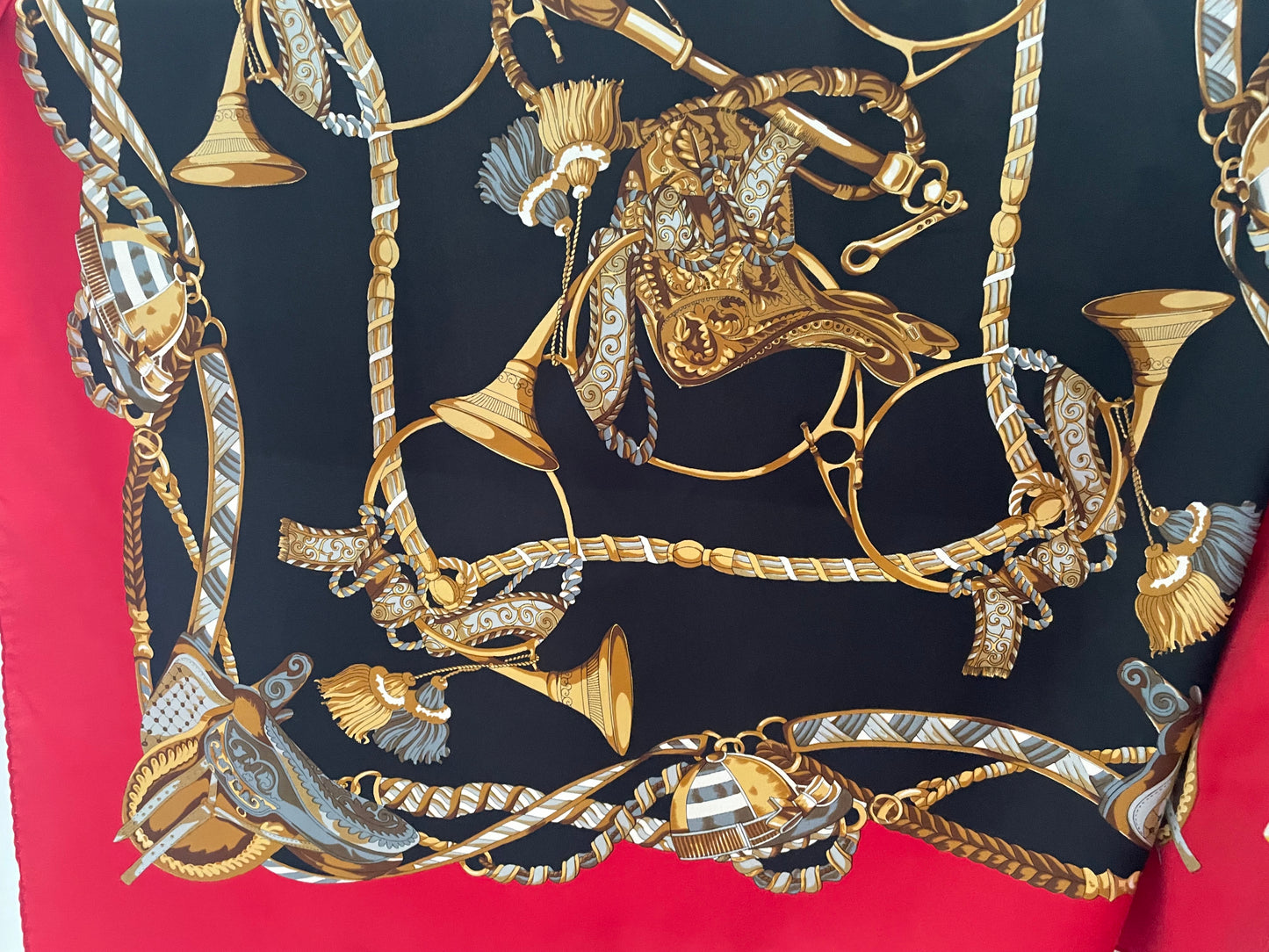 Vintage Italian Red Black & Brown Equestrian Saddle Cap Horn Regalia Print Large Scarf 86cm x 86cm