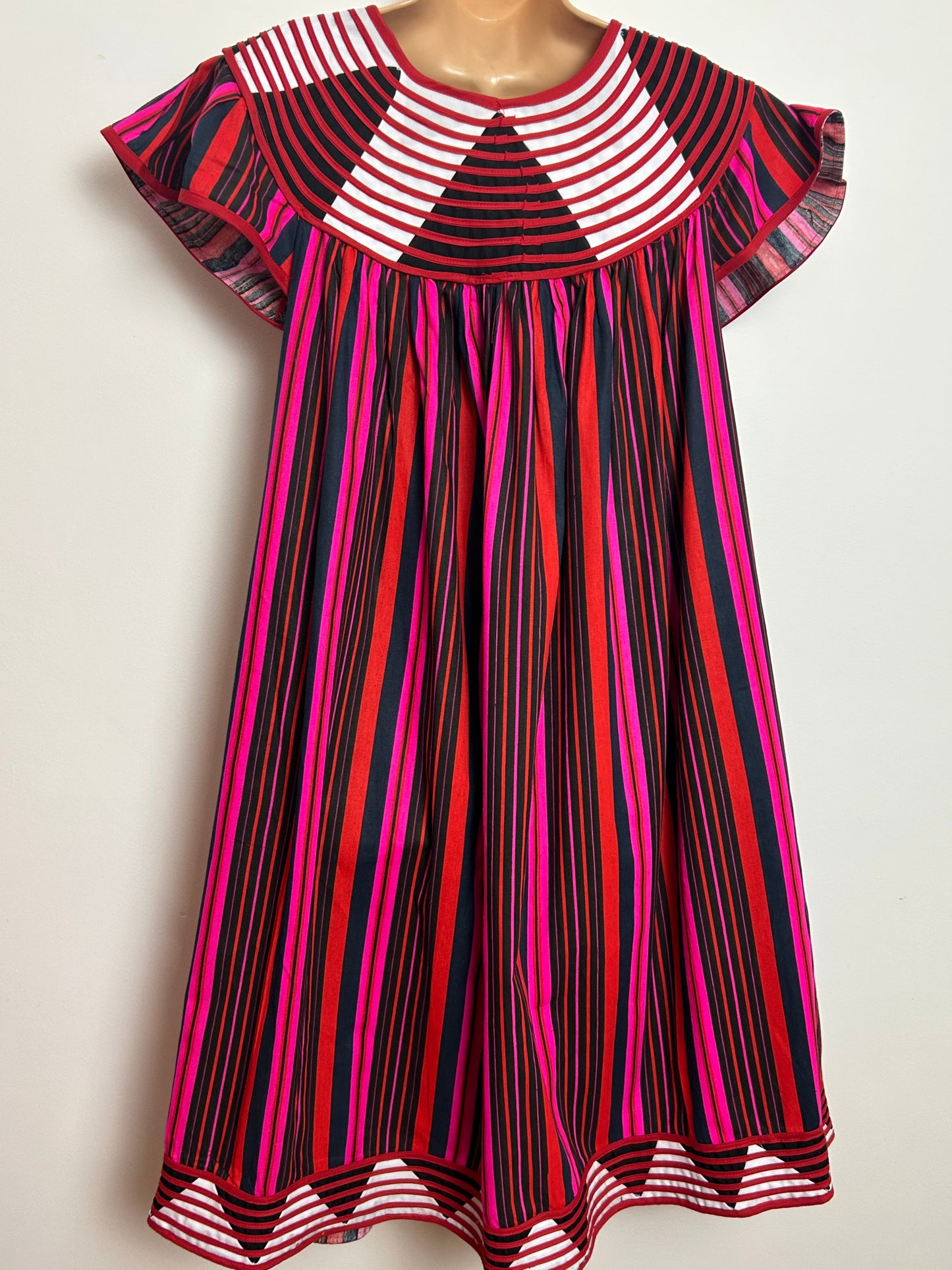 Vintage 1980s Size 12 Black Red Pink Stripe Braid Trim Cotton Smock Style Dress