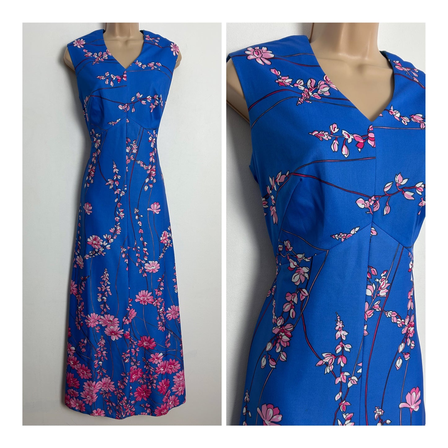 Vintage 1970s UK Size 12 Pretty Blue & Pink Tones Floral Print Sleeveless Maxi Dress