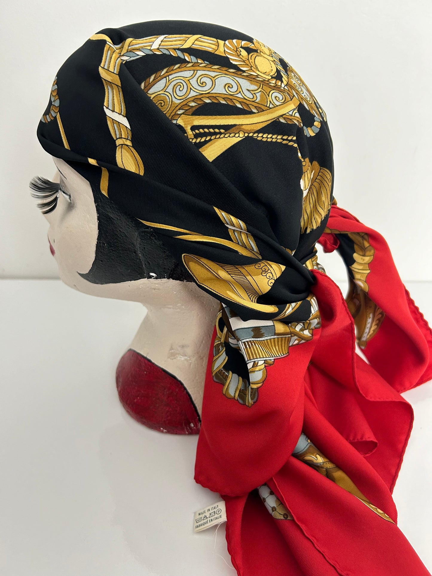 Vintage Italian Red Black & Brown Equestrian Saddle Cap Horn Regalia Print Large Scarf 86cm x 86cm