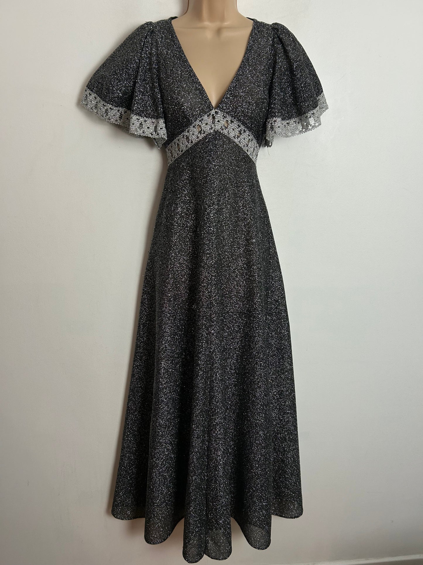 Vintage 1970s RICHARD SHOPS UK Size 6 Black & Silver Lurex Lace Trim Short Flared Sleeve Evening Maxi Dress