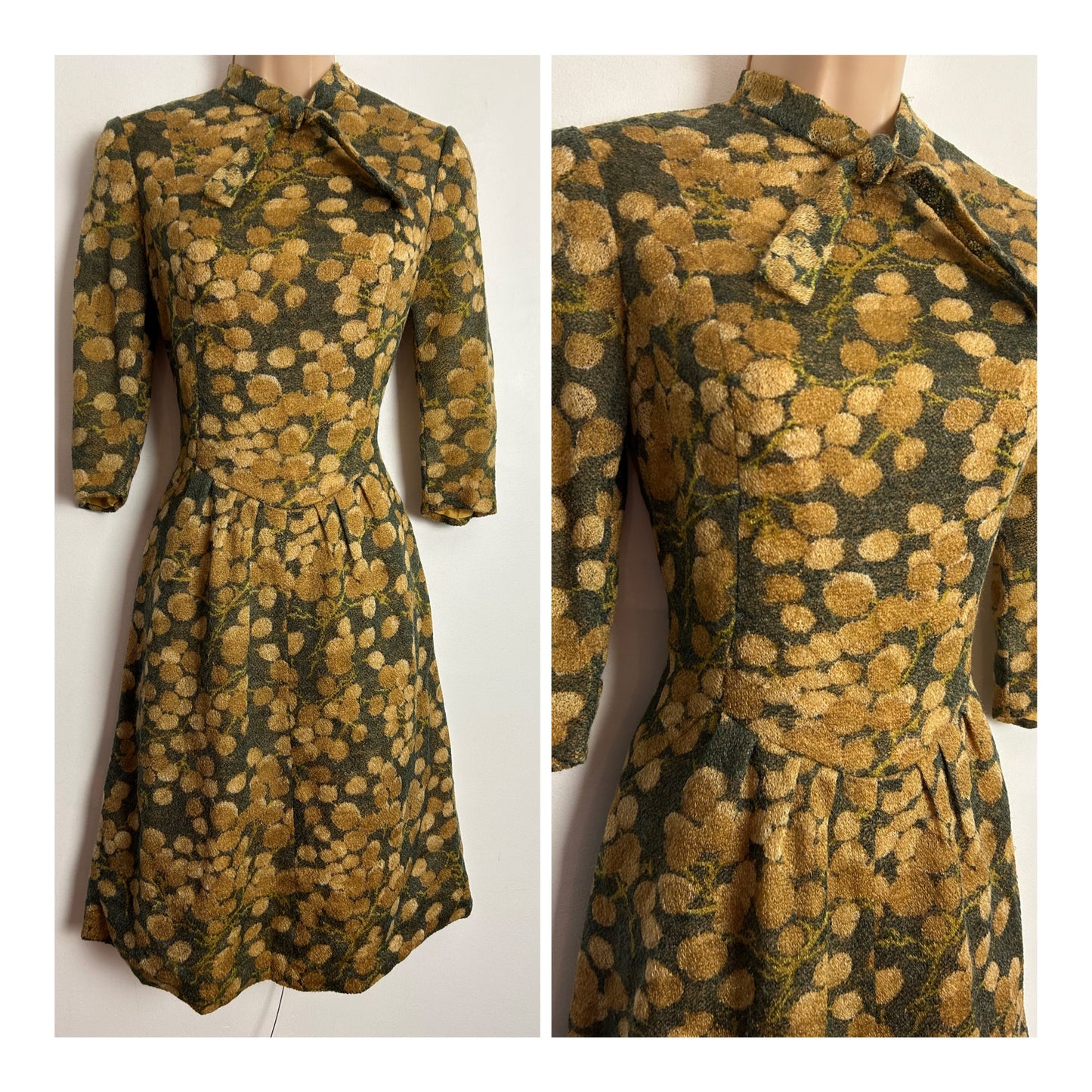 Vintage Early 1960s UK Size 8 Dark Grey & Tan Brown Abstract Floral Print Wool Mix Tie Neck Day Dress