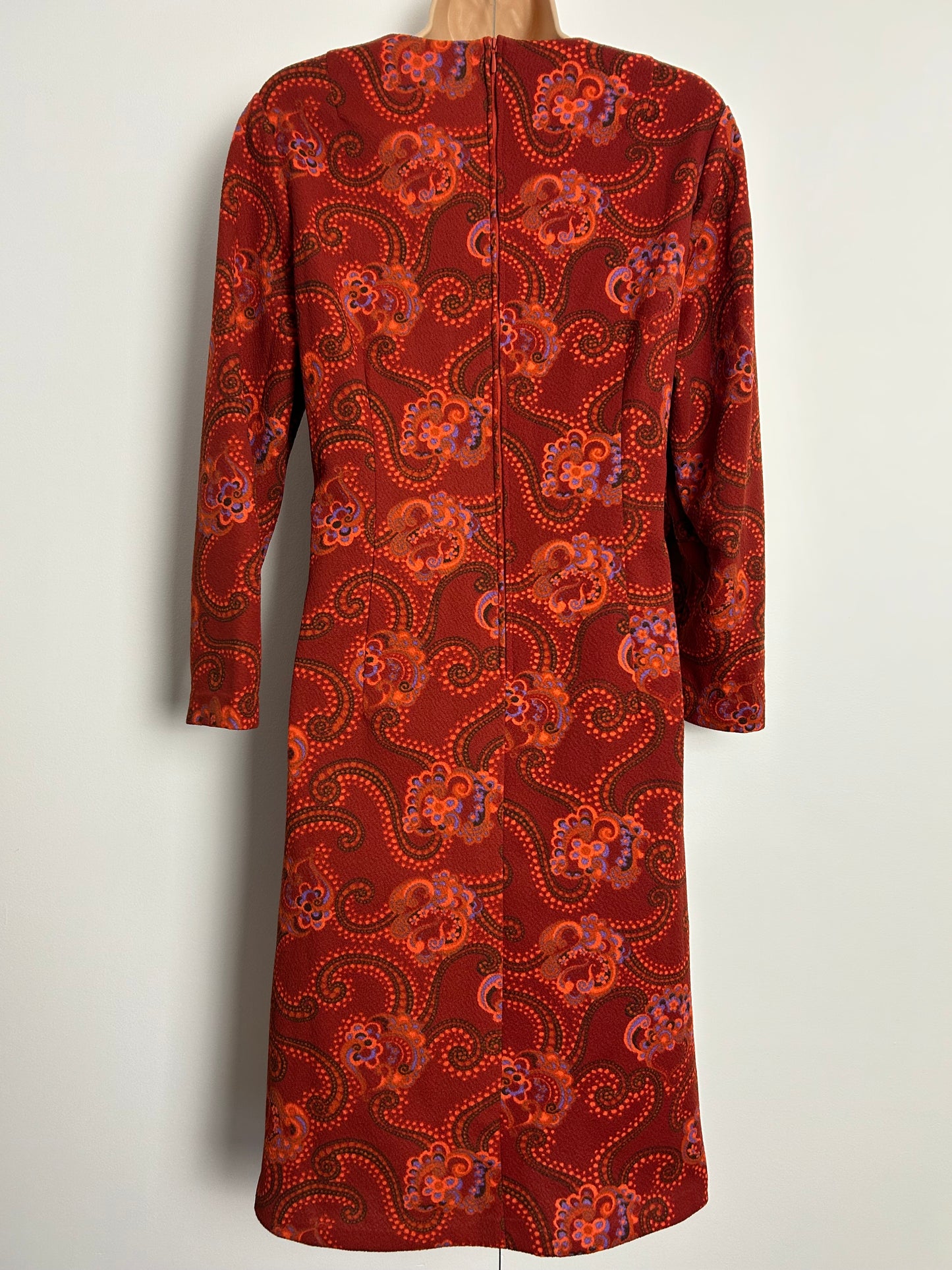 Vintage 1960s UK Size 16 Dark Orange Tones Nouveau Floral Print Long Sleeve Mod Shift Dress