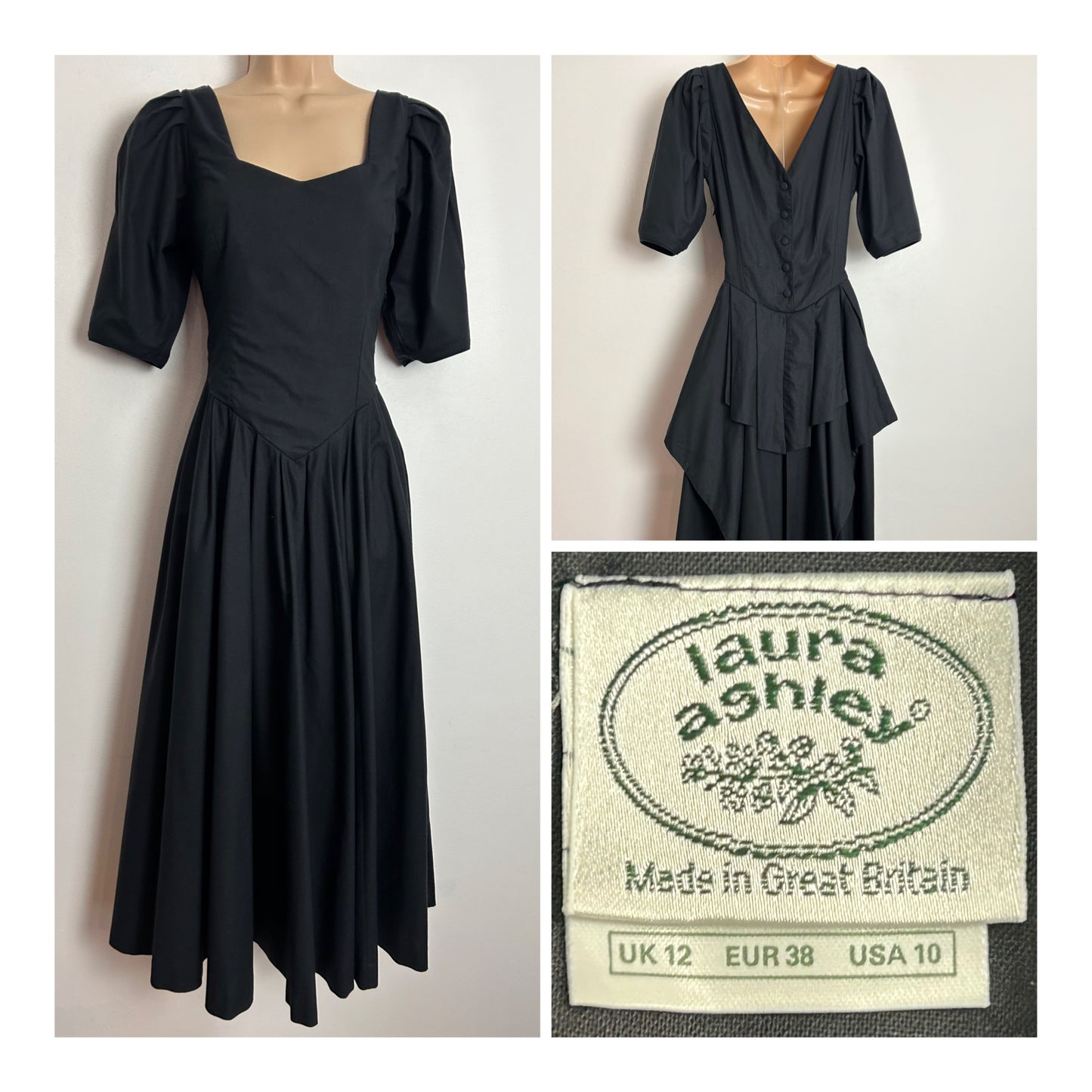 Vintage 1980s LAURA ASHLEY UK Size 8 (Size 12 On Label) Black Cotton Pleated Ballgown Party Dress