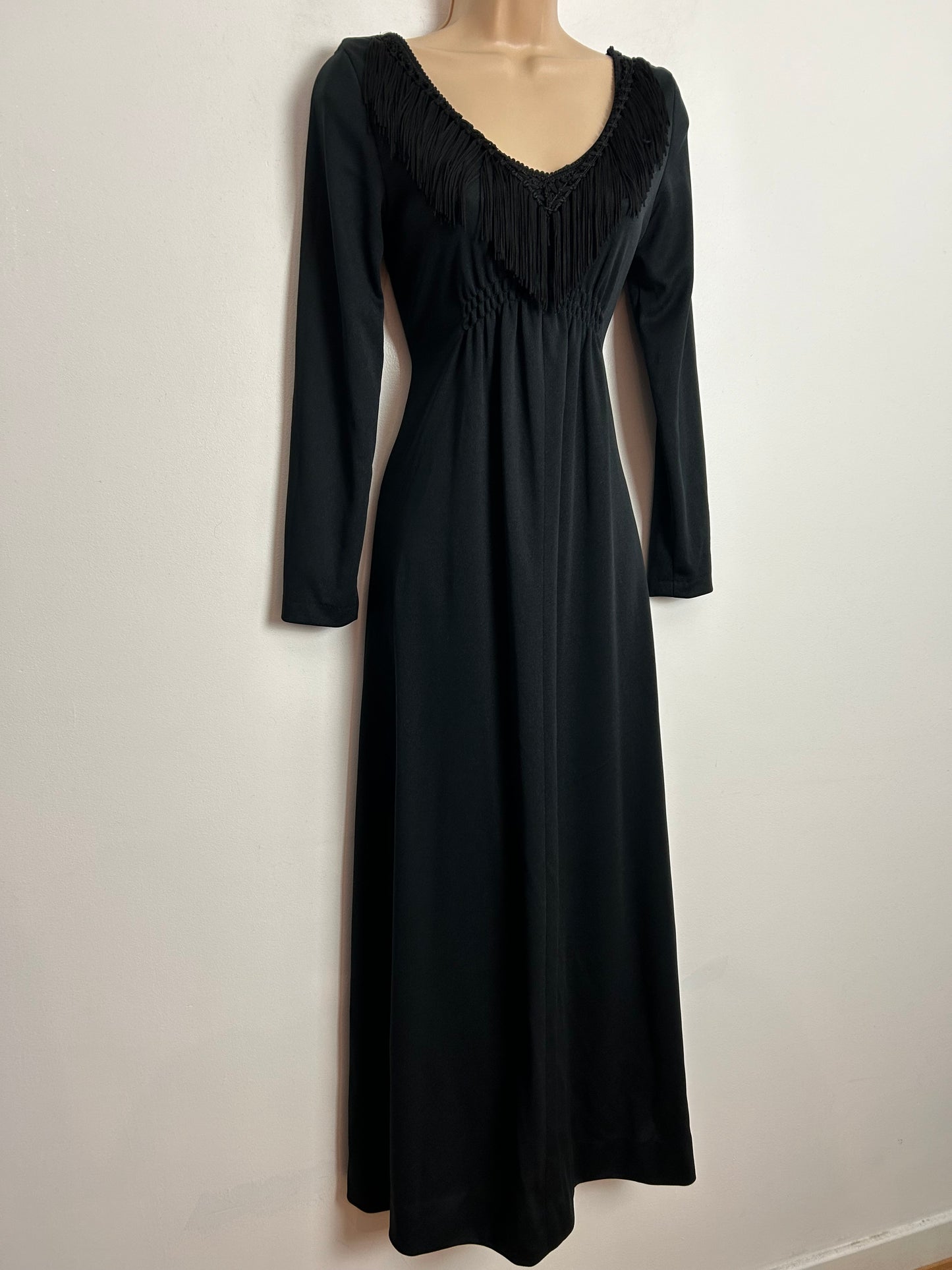 Vintage 1970S YOUNG IDEAS BY RHONA ROY UK Size 6 Black Fringed Detail Long Sleeve Evening Maxi Dress