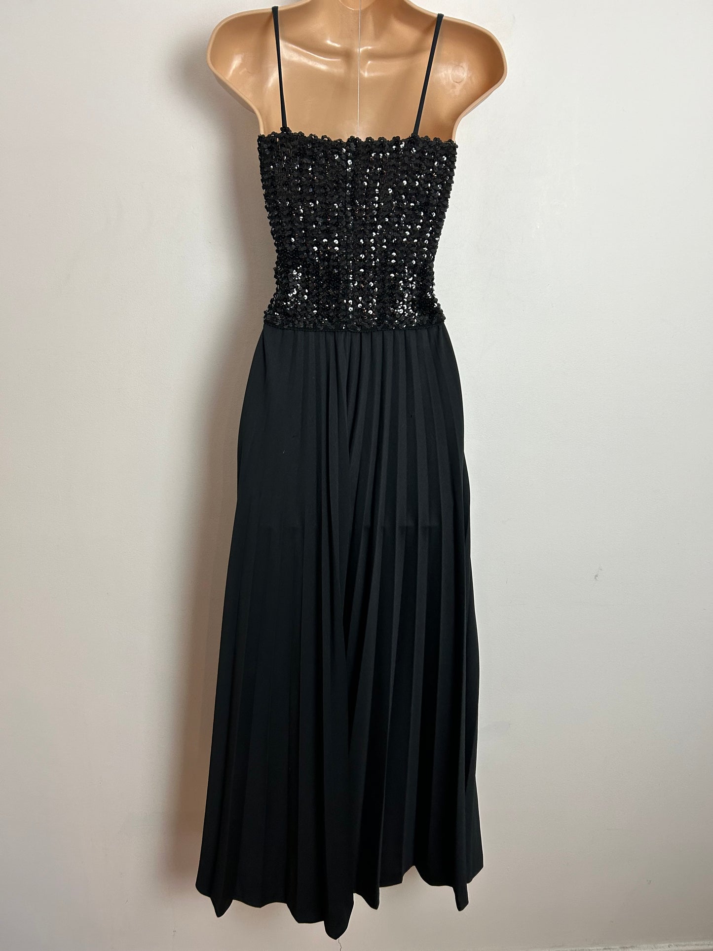 Vintage 1970s YOLENE Up To Size 10 Black Sequin Bodice Strappy Pleated Evening Maxi Dress