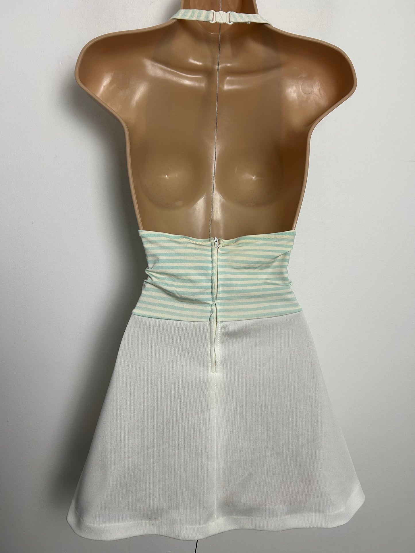 Vintage Early 1970s OLYMPIC Size 8-10 White Pale Blue & Cream Stripe Print Halterneck Tennis Or Swim Dress