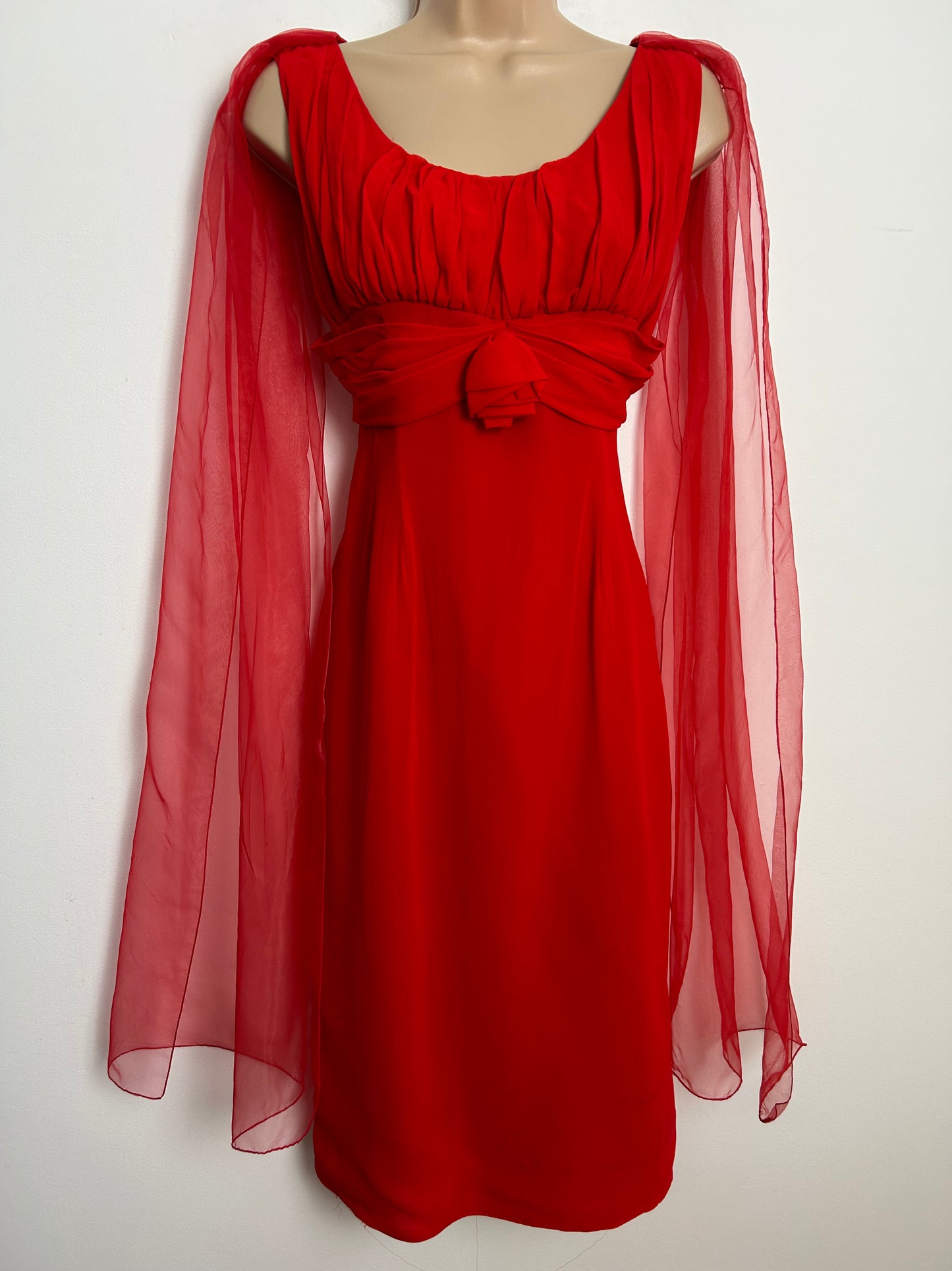 Vintage 1960s Size 8 Red Chiffon Watteau Shoulder Train Fitted Wiggle Occasion Evening Dress