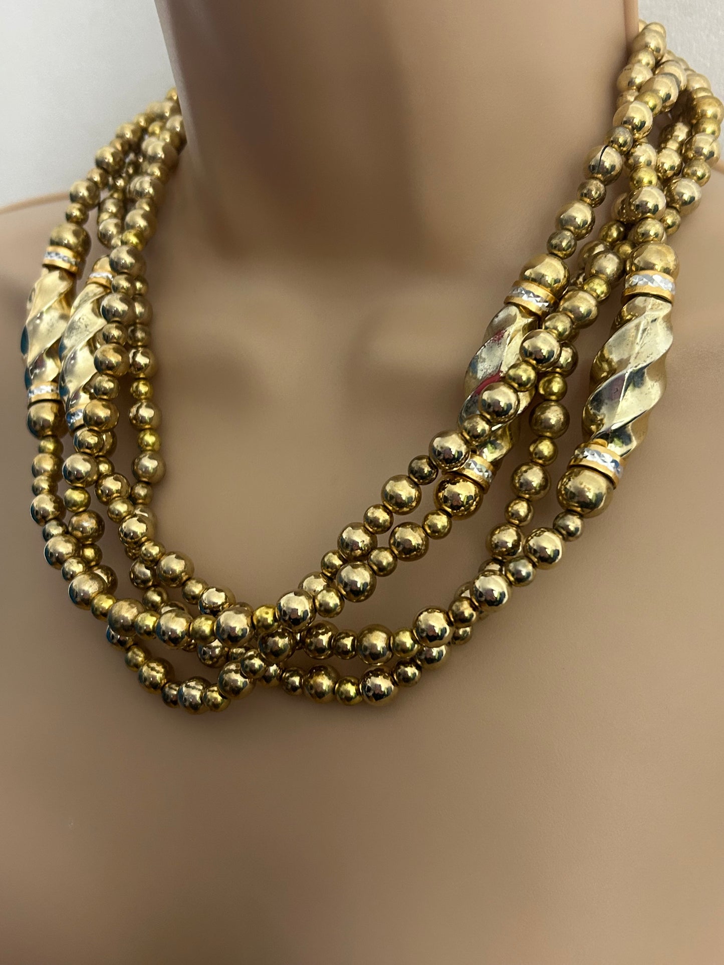 Vintage Chunky Four Strand Gold Bead Statement Necklace