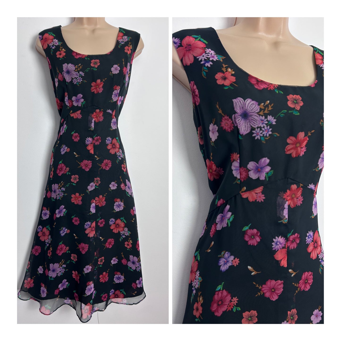 Vintage 1970s CALIFORINA "The Look You Love" UK Size 12 Pretty Black Dark Pink Coral & Lilac Floral Print Chiffon Dress