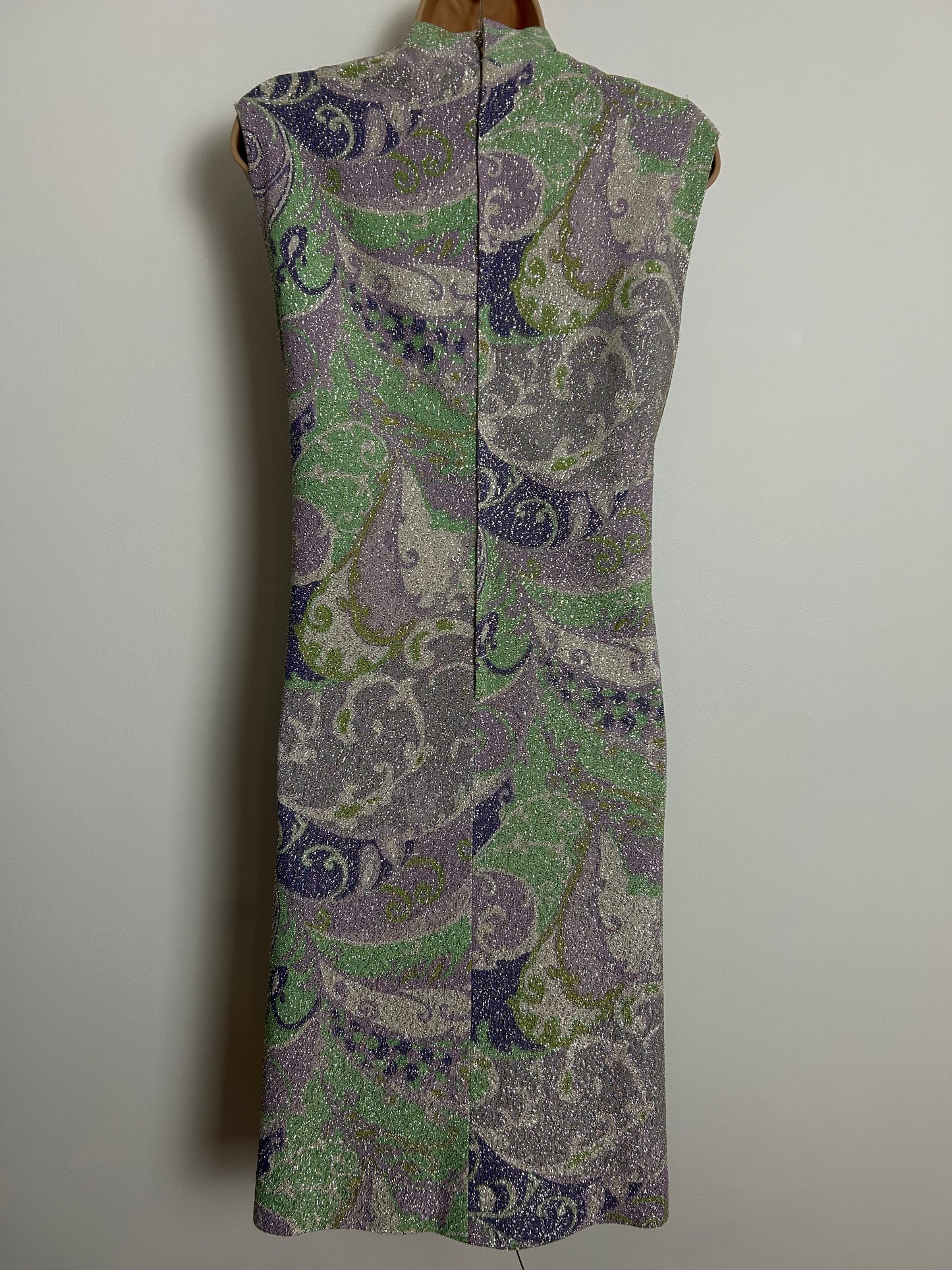 Vintage 1960s UK Size 12 Green Purple & Lilac Abstract Print Lurex Shift Mod Dress