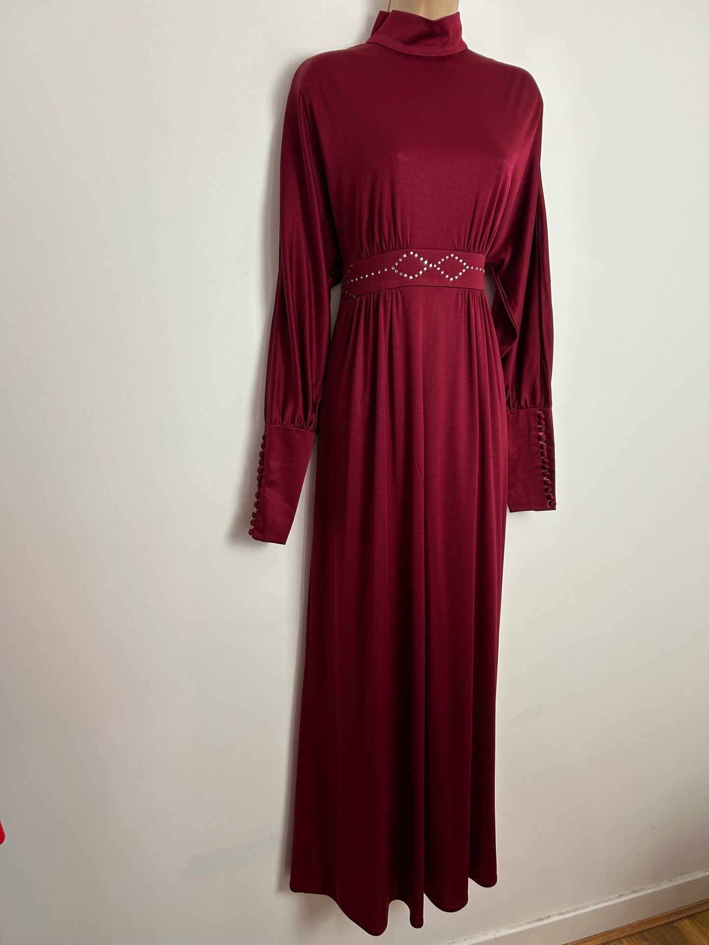 Vintage Late 1970s COCKTAIL HOFFMAN UK Size 12 Dark Red Long Dolman Sleeve Tight Cuffs Rhinestone Detail Occasion Evening Maxi Dress