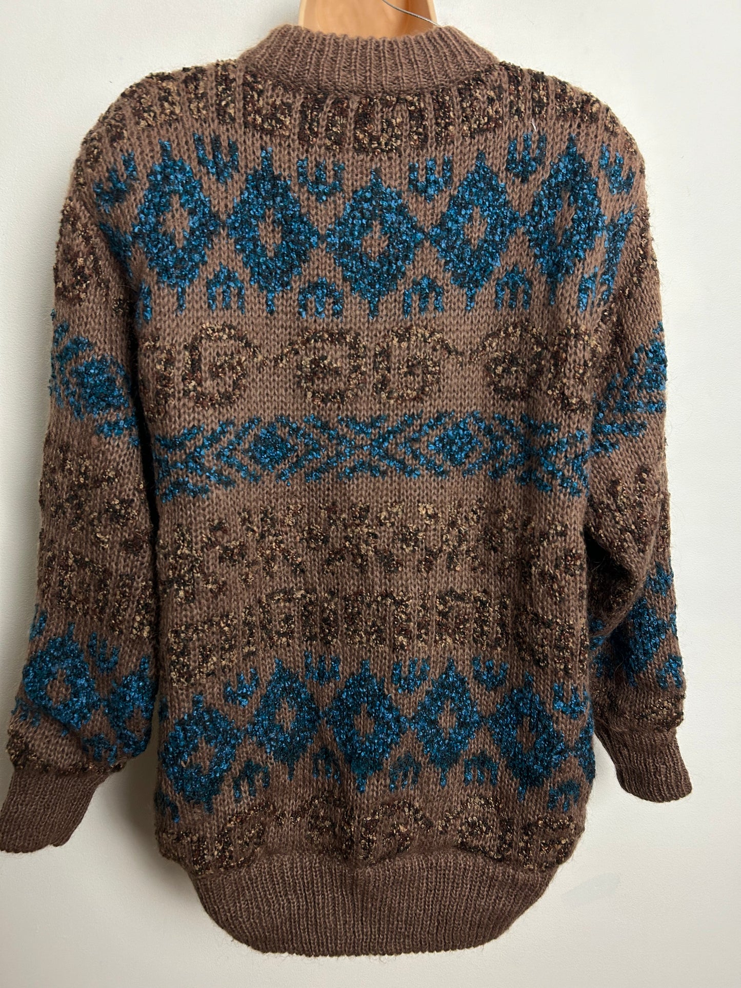 Vintage 1980s One Size Up To Size 16 Brown & Blue Wool Mix Long Sleeve Chunky Cardigan