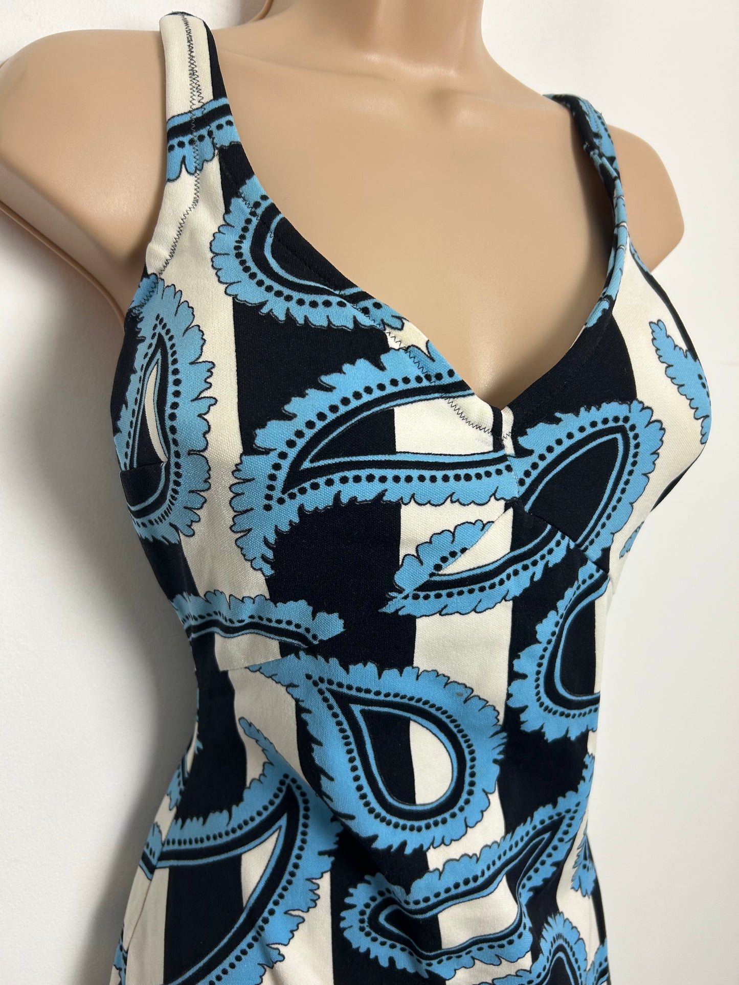 Vintage 1960s TRIOLA Size 16 Black White & Blue Stripe & Paisley Print Moulded Cup Swimsuit
