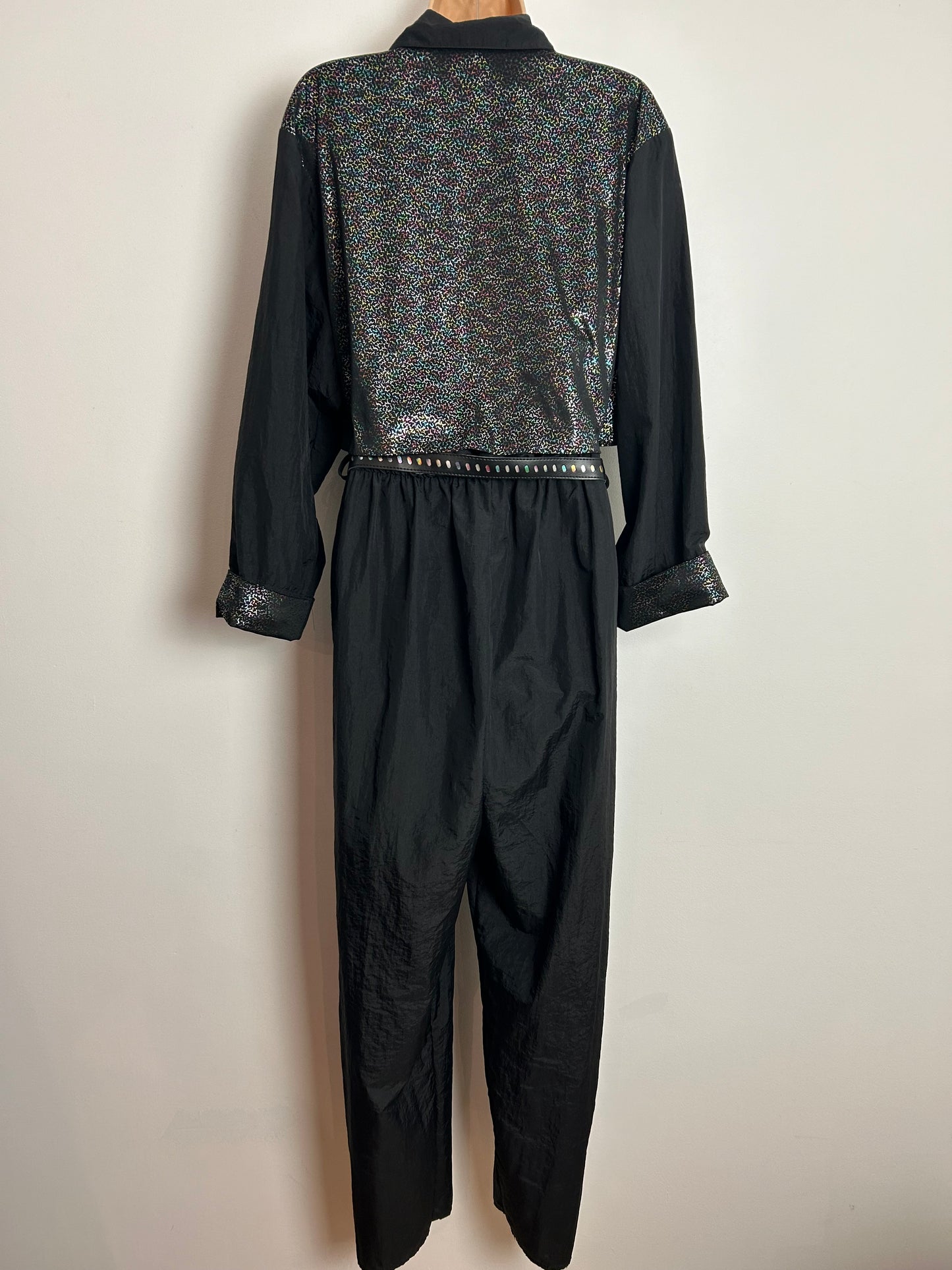 Vintage Extreme 1980s UK Size 12 Black & Metallic Multicolour Mock Waistcoat Belted Jumpsuit