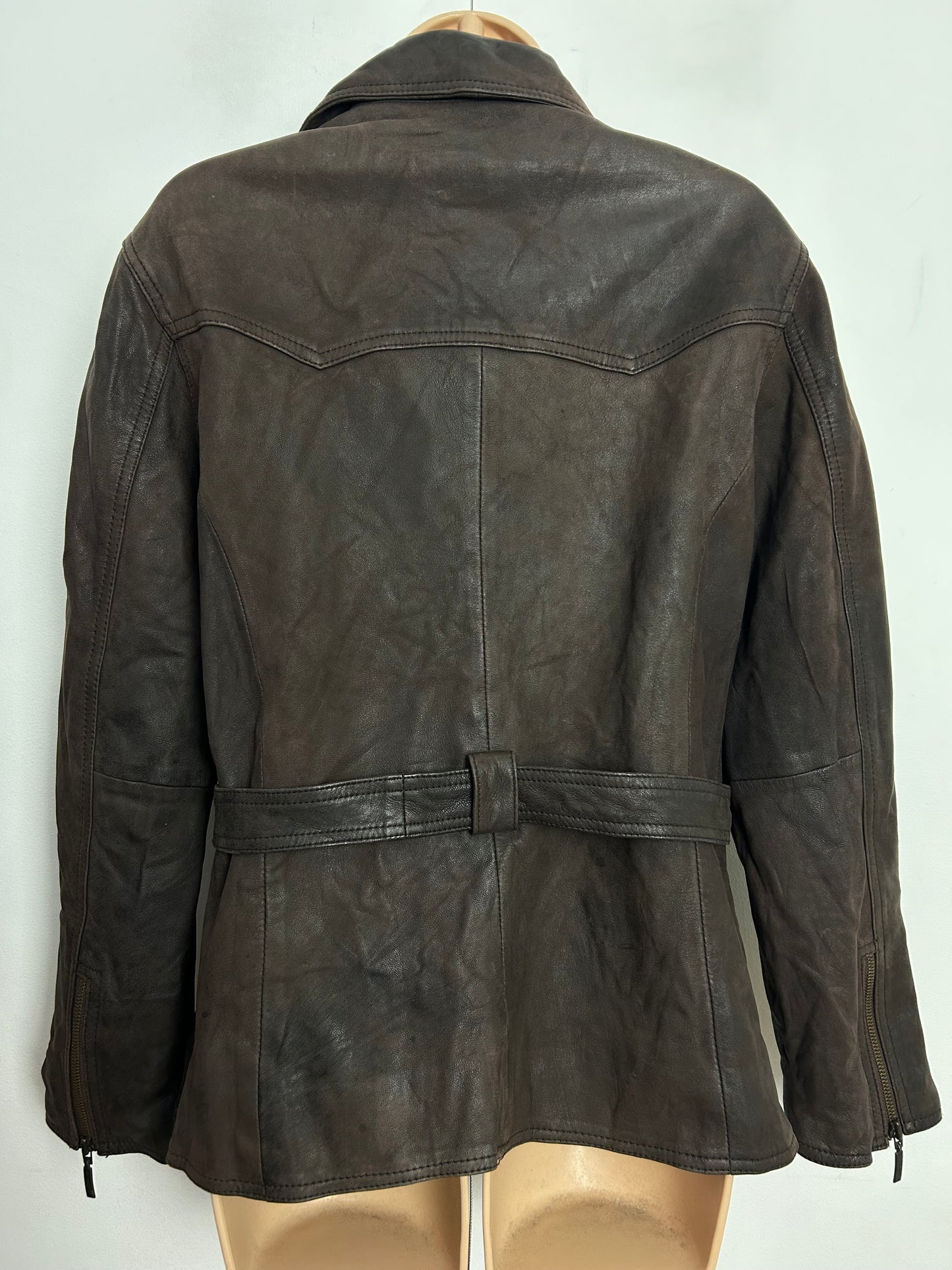 Vintage 1980s MADDOX Approx UK Size 12-14 Brown Zip Fronted Belted Leather Jacket