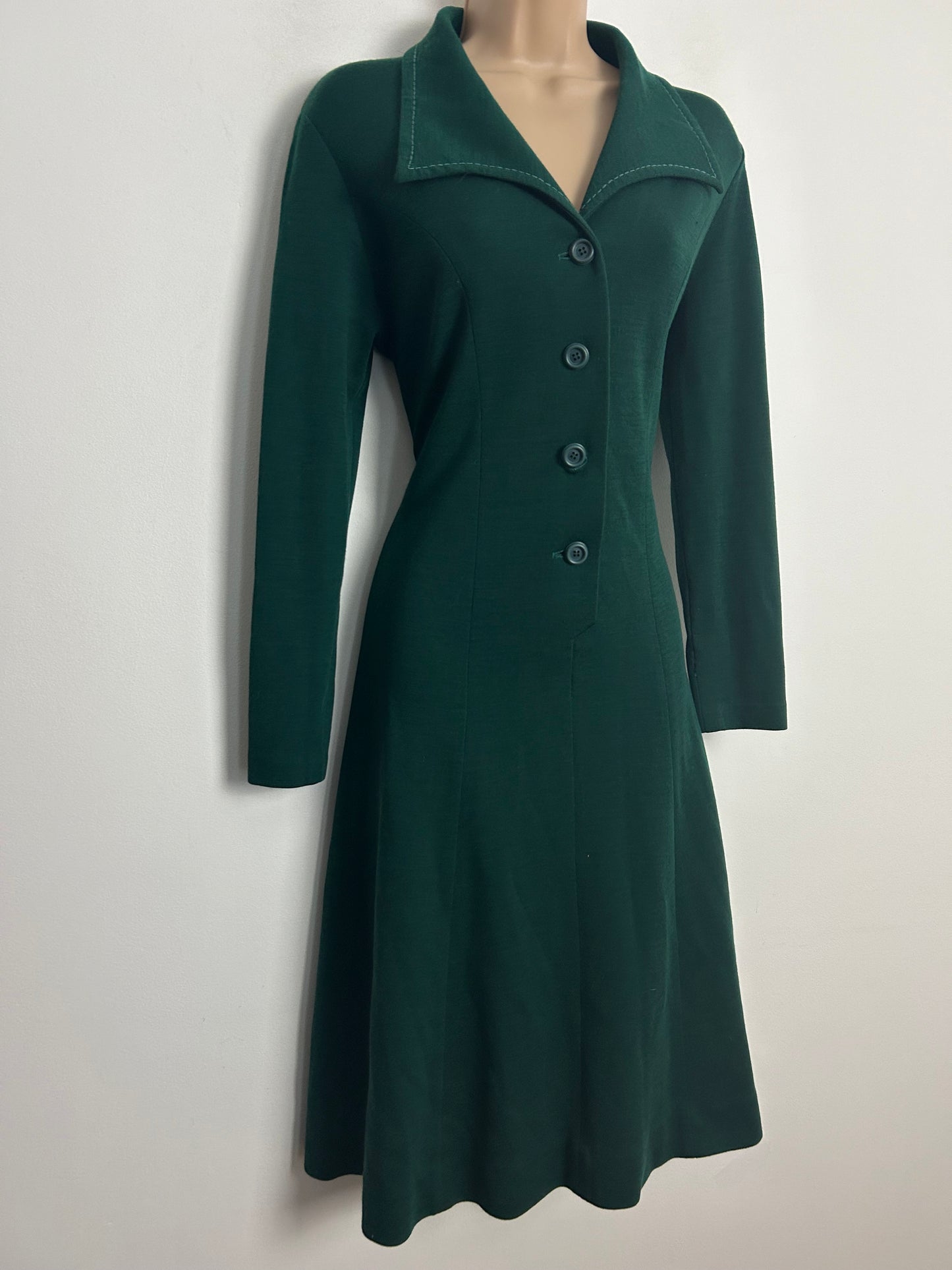 Vintage 1970s SPES PARIS UK Size 12 Forest Green Long Sleeve Jersey Mod Day Dress
