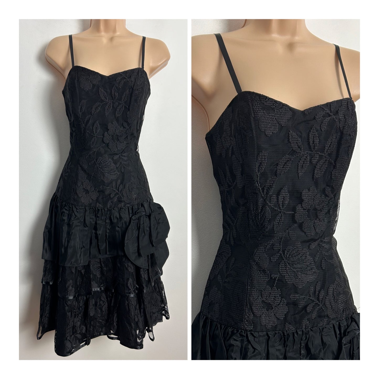Vintage Early 1980s ANNE GREEN UK Size 8 Black Lace Layered Ra Ra Corsage Detail Party Cocktail Dress