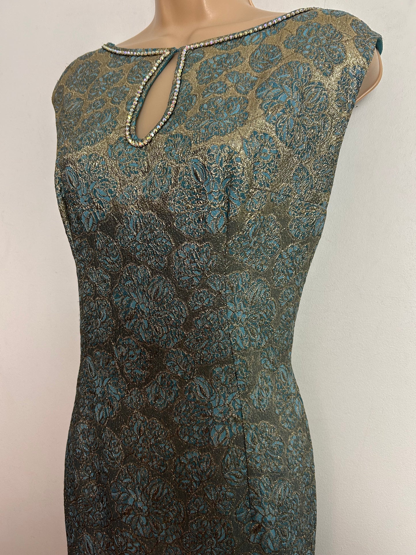 Vintage 1960s UK Size 14 Gold & Blue Lurex Brocade Diamante Embellished Party Mod Shift Dress
