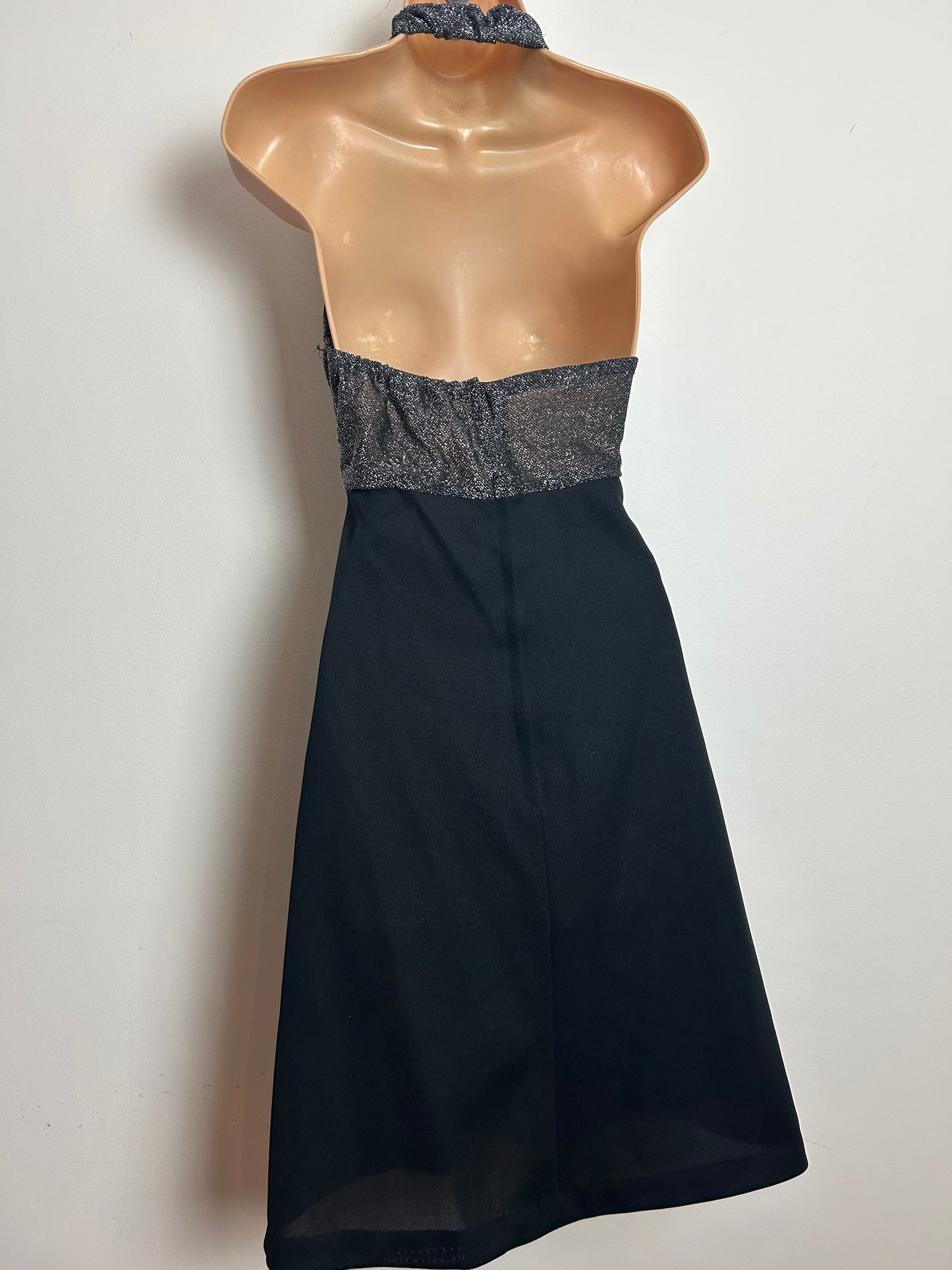 Vintage 1970s BELLE OF MY HEART Size 10-12 Black & Silver Lurex Halterneck Xmas Party Evening Dress