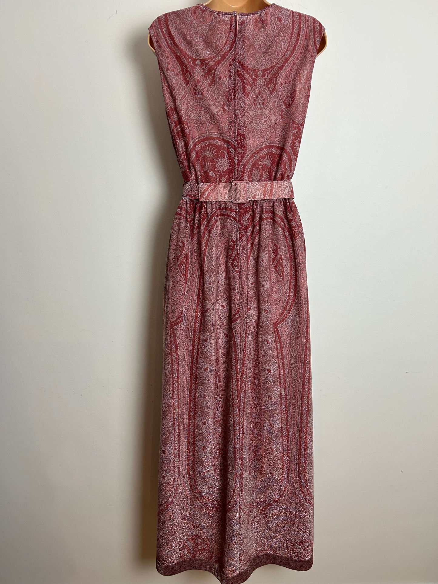 Vintage 1970s VERENA Size 10-12 Beautiful Dark Pink Tones Lurex Belted Evening Maxi Dress