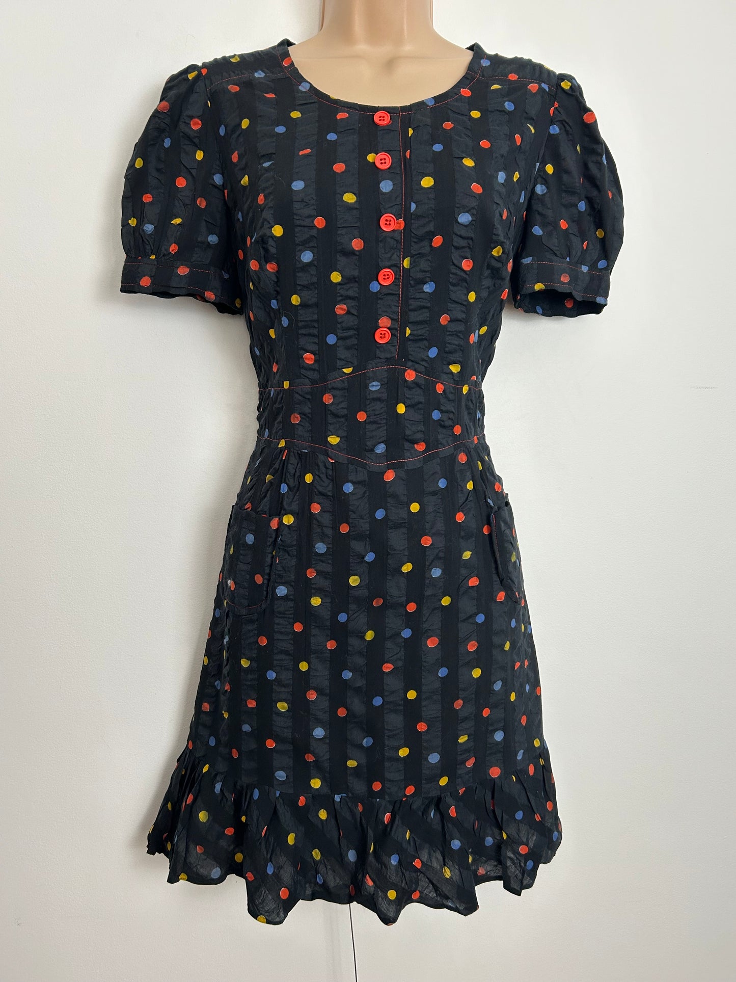 Vintage 1960s Size 10 Black Orange Yellow & Blue Polka Dot Seersucker Cotton Mini Mod Dress