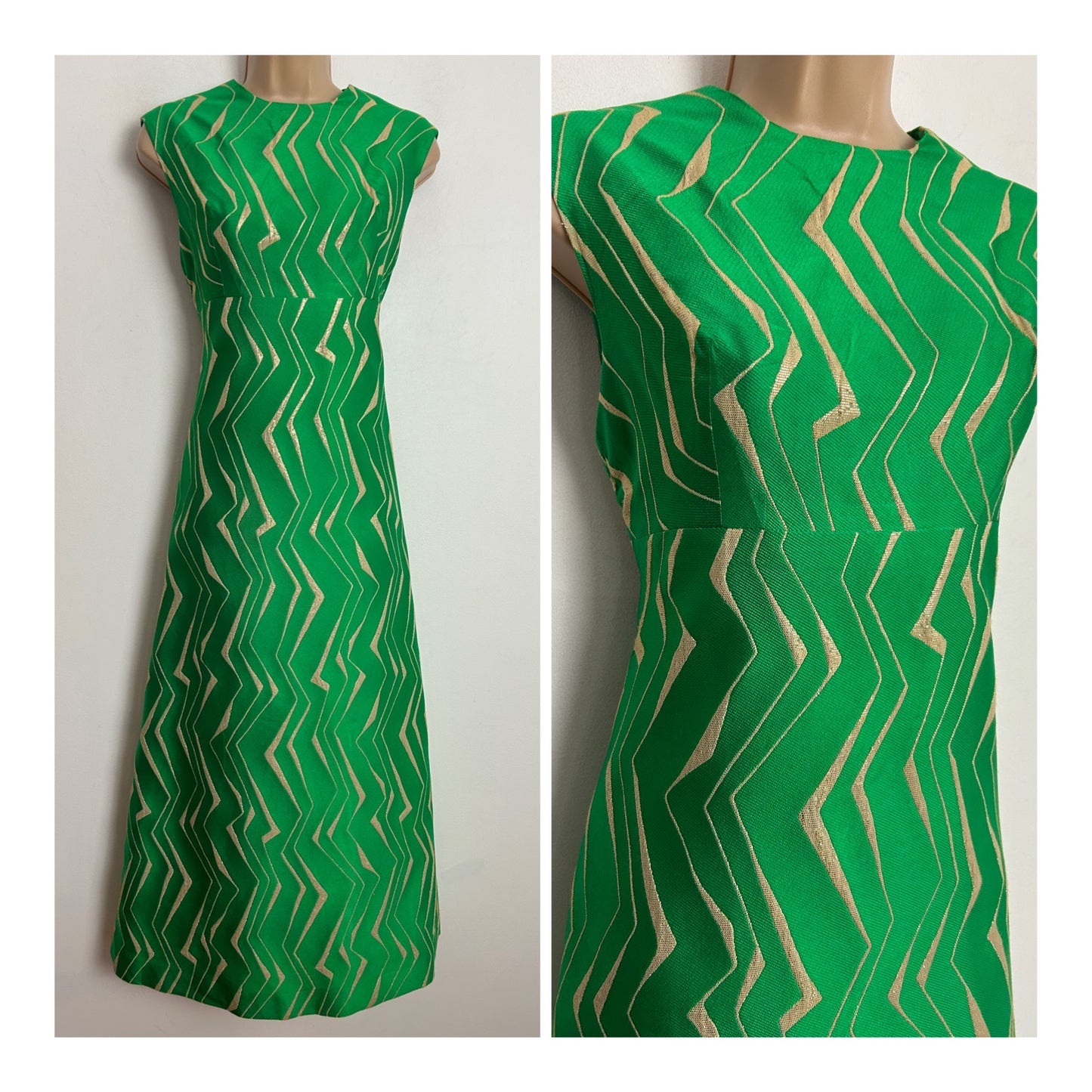 Vintage 1960s UK Size 8-10 Gorgeous Green & Metallic Gold Zig Zag Stripe Occasion Evening Midi Dress