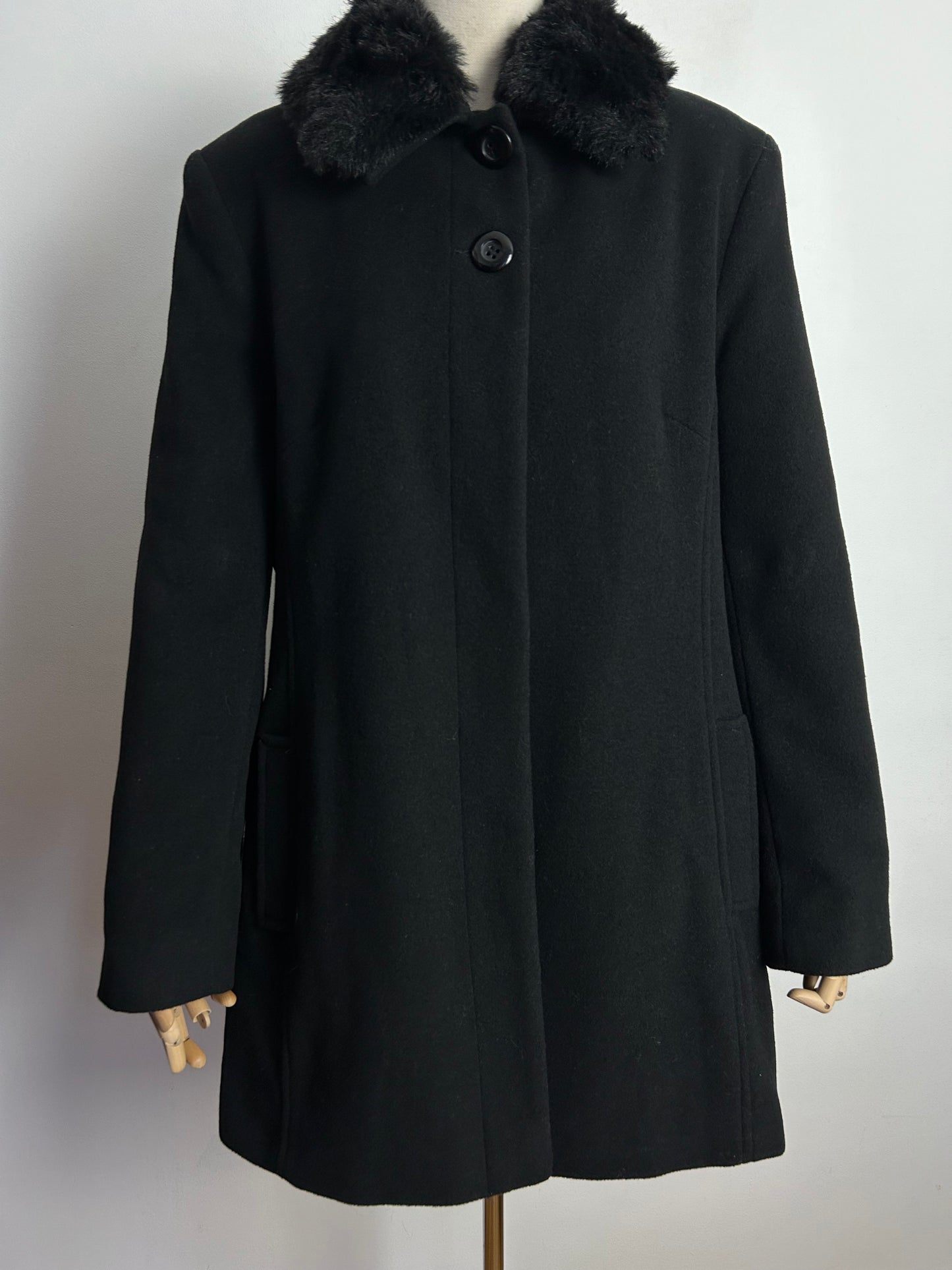Vintage DAVID BARRY UK Size 14 Black Wool & Cashmere Faux Fur Collar (Detachable) Coat